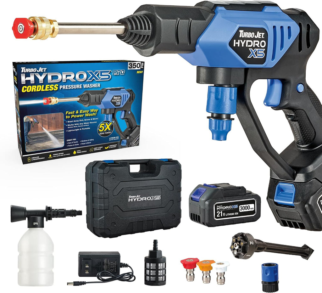 Ontel Turbo Jet HydroX5 Pro Portable Cordless Pressure Washer (21V 3000mAh Battery), 6-in-1 Nozzle, Dual Water Source, 16ft Detachable Hose