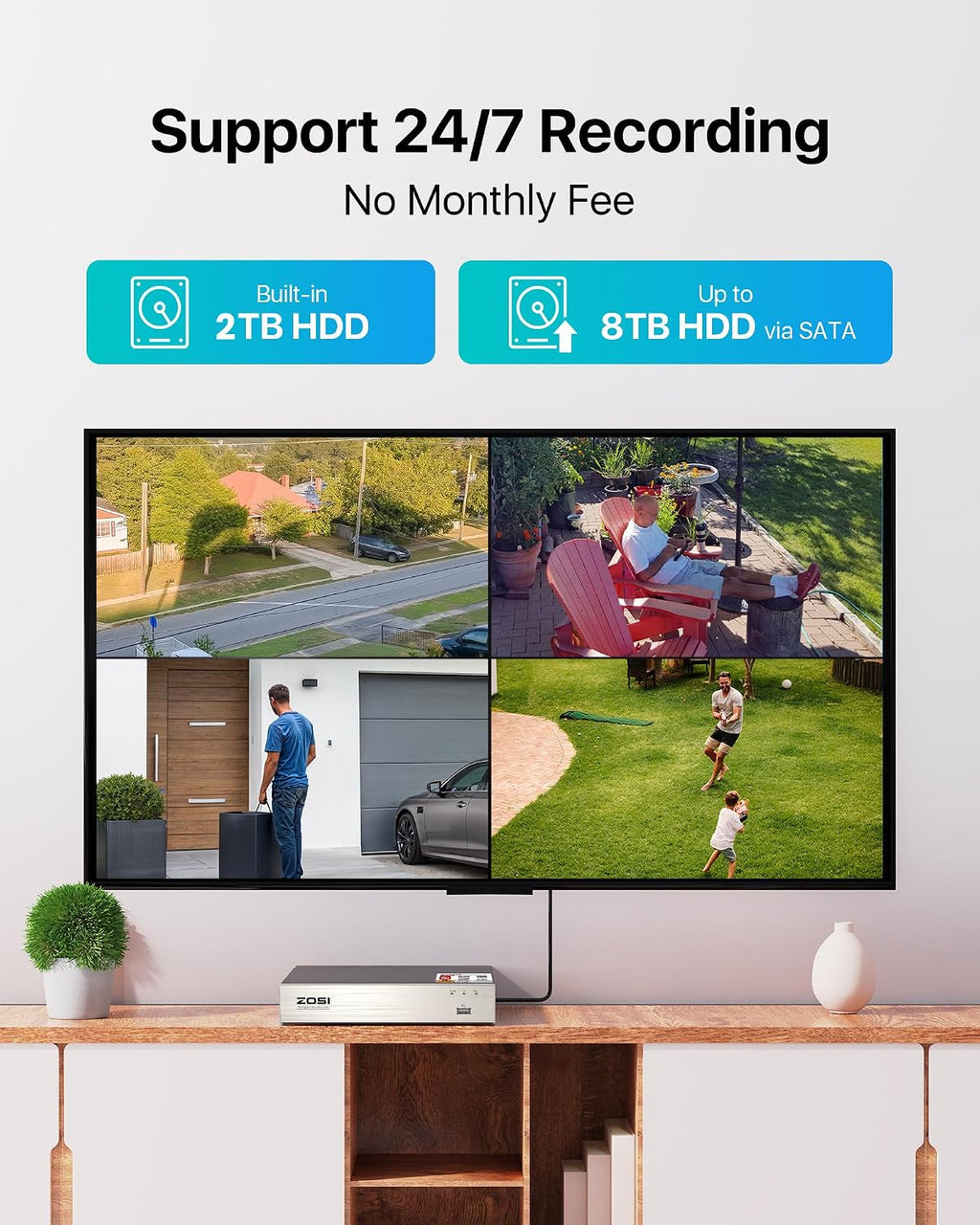 ZOSI 8CH 1080P Home Security DVR with 2TB HDD,AI Human/Vehicle Detection,Remote Access,Alert Push,H.265+ Hybrid 4-in-1 Wired Surveillance DVR for HD-TVI, CVI, CVBS, AHD 960H/720P/1080P CCTV Cameras