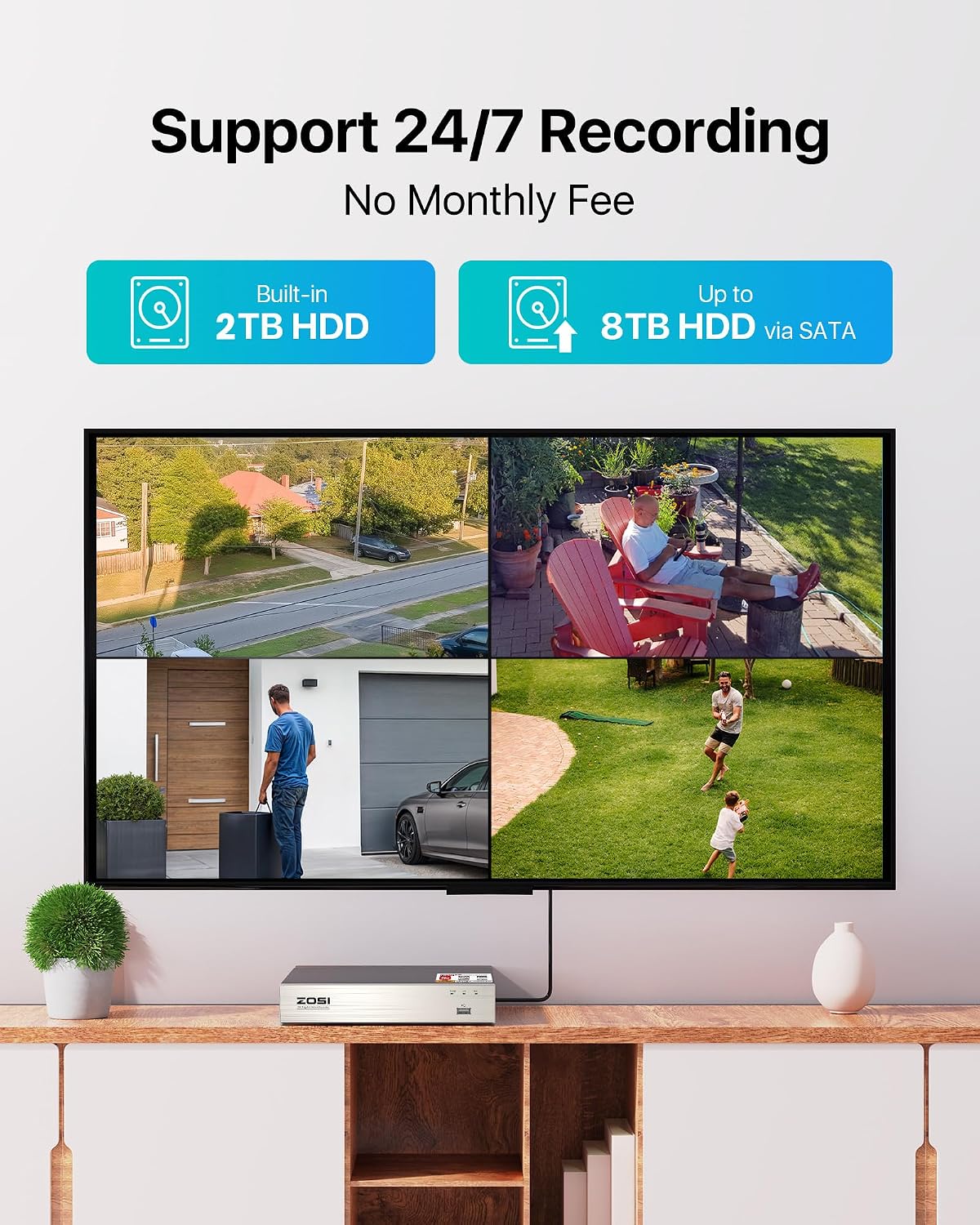 ZOSI 8CH 1080P Home Security DVR with 2TB HDD,AI Human/Vehicle Detection,Remote Access,Alert Push,H.265+ Hybrid 4-in-1 Wired Surveillance DVR for HD-TVI, CVI, CVBS, AHD 960H/720P/1080P CCTV Cameras