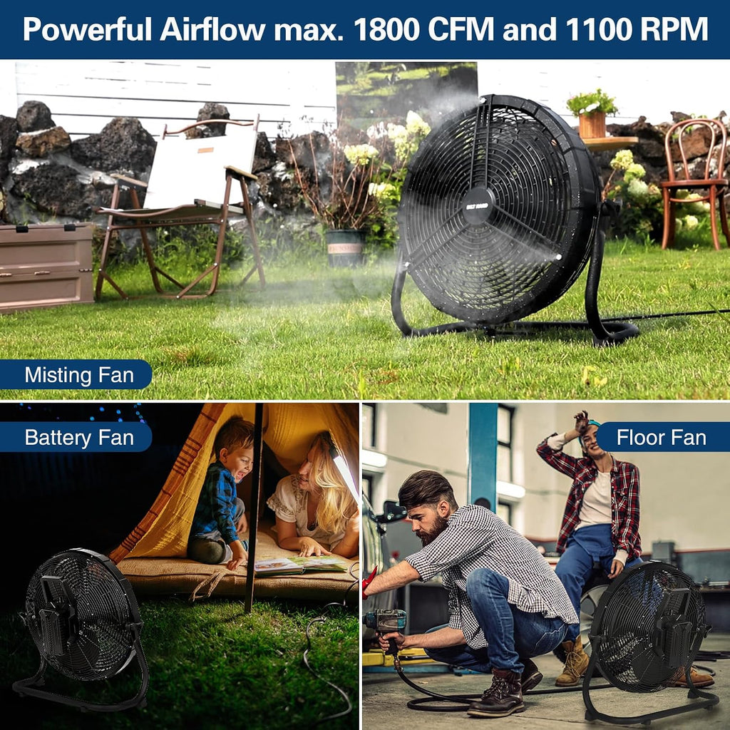 BILT HARD 16 Inch Outdoor Portable Misting Fan, Battery Operated Floor Fan with 15600mAh Detachable Battery, Outside Rechargeable Portable Fan for Patio, Camping, Travel