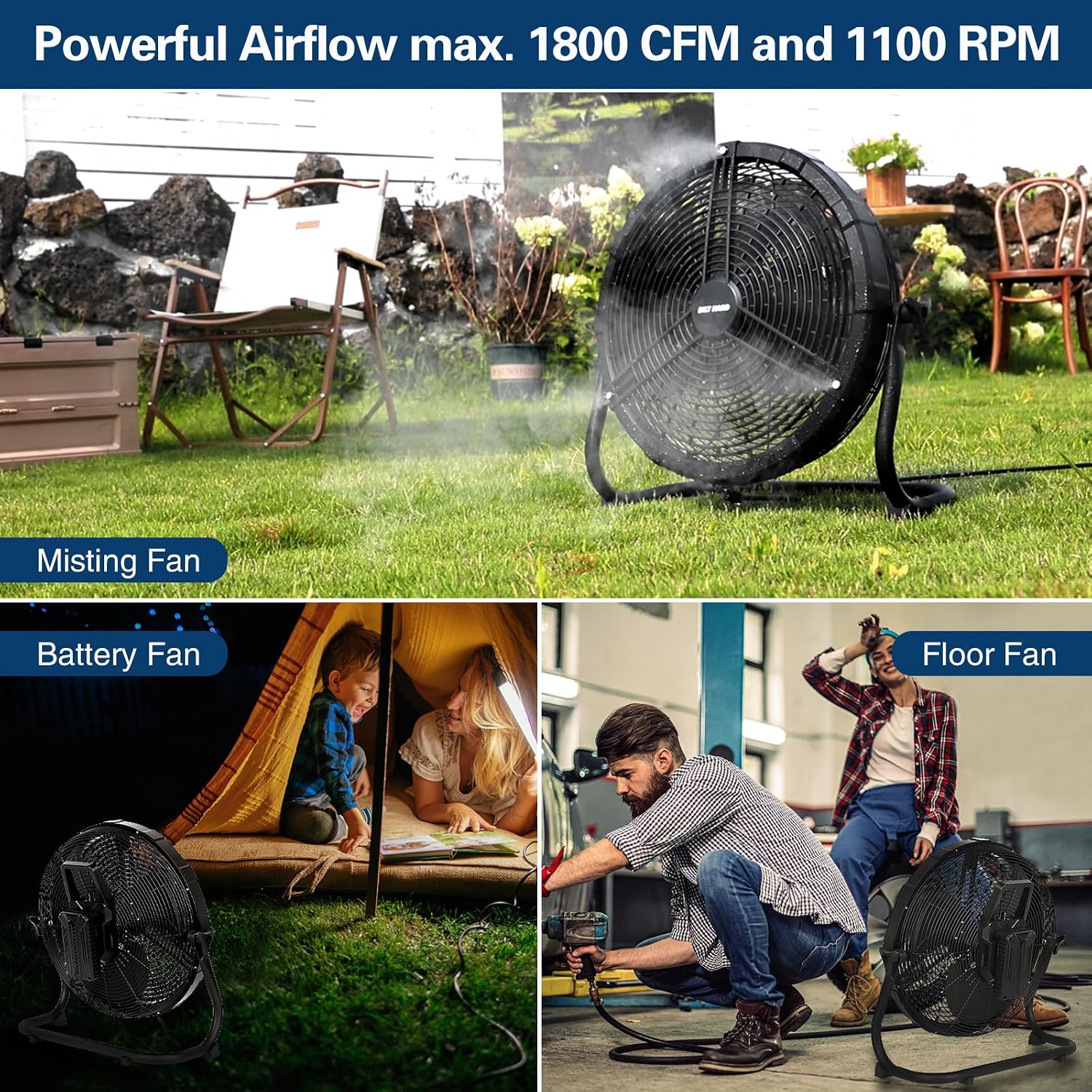 BILT HARD 16 Inch Outdoor Portable Misting Fan, Battery Operated Floor Fan with 15600mAh Detachable Battery, Outside Rechargeable Portable Fan for Patio, Camping, Travel