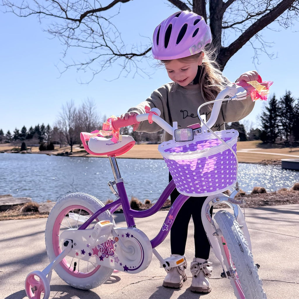 RoyalBaby Stargirl 12 Inch Kids Outdoor Bicycle with Accessory Basket, Bell, Thick Wheels, and Safety Training Wheels for Ages 2-4, Purple