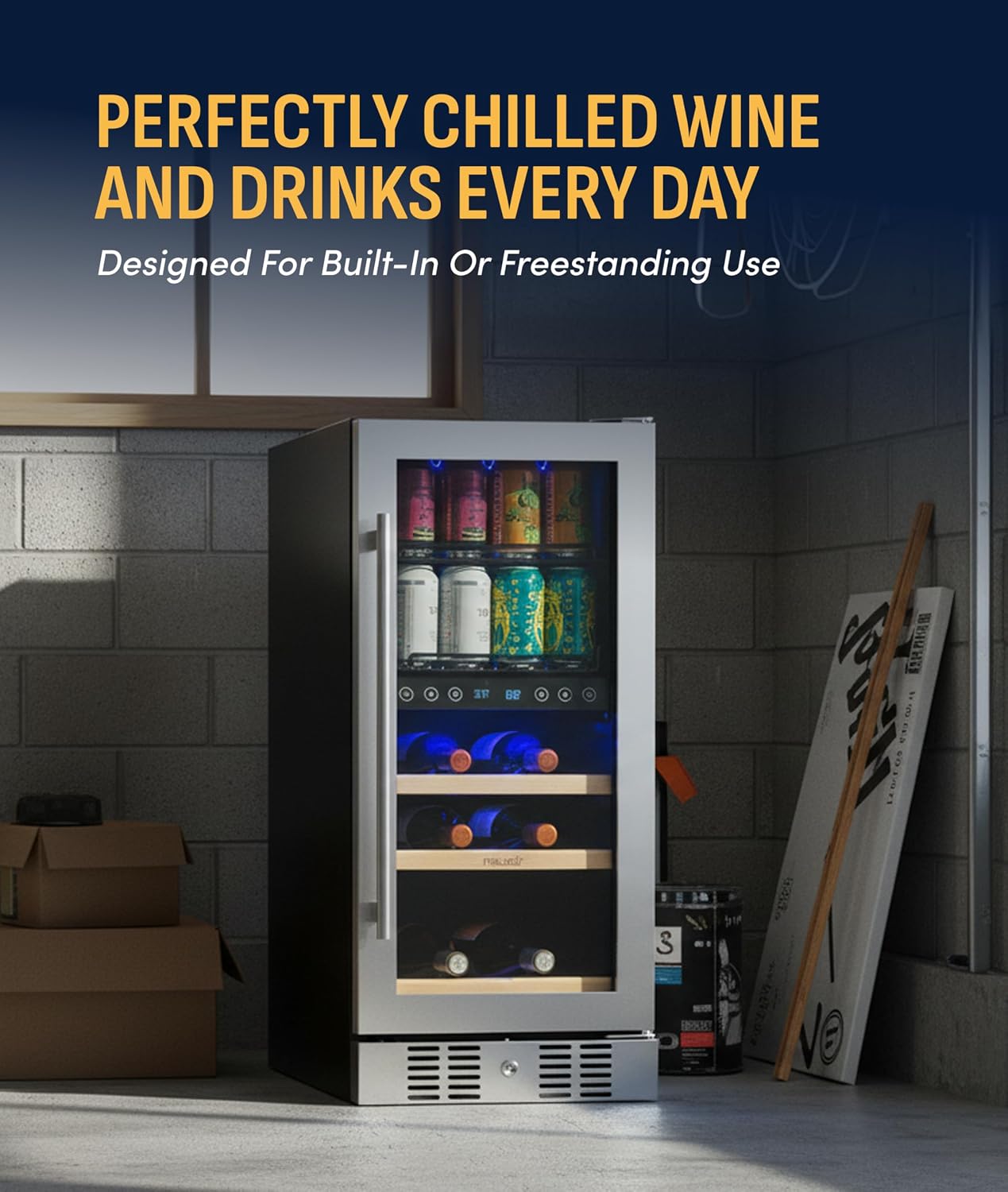 NewAir 15' Dual Zone Beverage Refrigerator & Wine Cooler for 9 Bottles & 48 Cans | Freestanding or Built-In Under Counter Mini Fridge for Beer, Wine and Soda | Stainless Steel