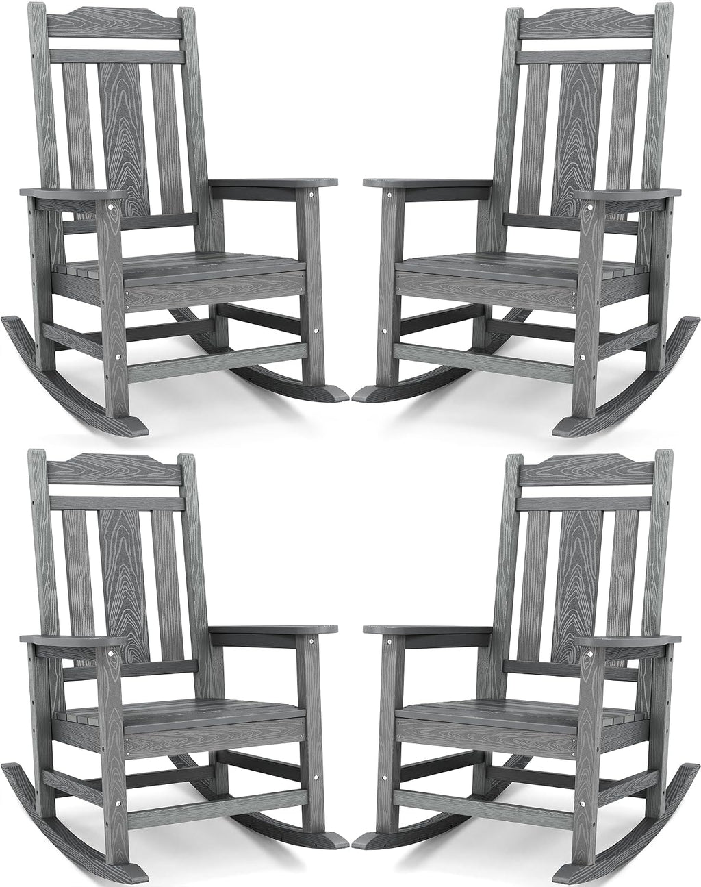 SERWALL Oversized Outdoor Rocking Chair Set of 4, All Weather Patio Rocking Chair, HDPE Poly Rocking Chair for Adults, Heavy Duty Front Porch Rocker,Unique Gray