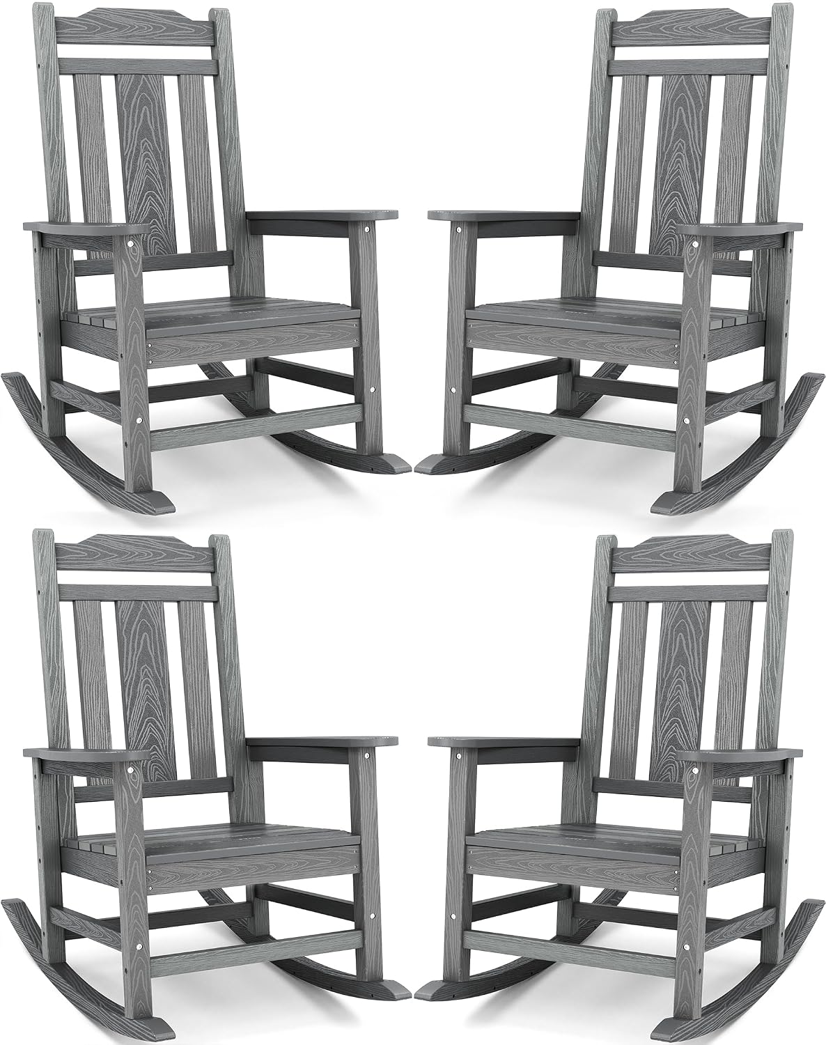 SERWALL Oversized Outdoor Rocking Chair Set of 4, All Weather Patio Rocking Chair, HDPE Poly Rocking Chair for Adults, Heavy Duty Front Porch Rocker,Unique Gray