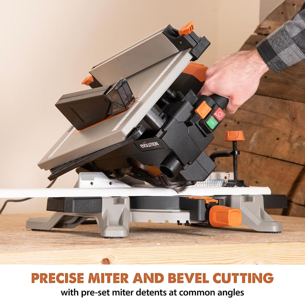 Evolution R8MTS 8-1/4' Convertible Miter/Table Saw - Multi-Function Saw - 0-45° Bevel & +/- 45° Miter - Multi-Material Cutting: Wood, Plastic, Metal - Compact, Powerful 12A Motor - TCT Blade Incl
