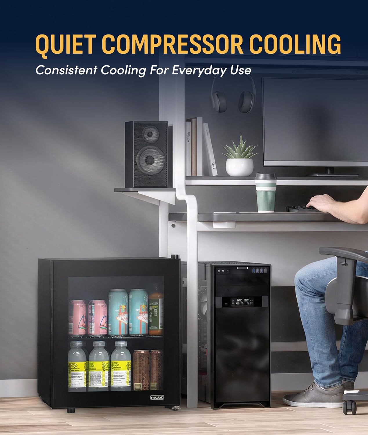 NewAir 60 Can Beverage Refrigerator | Compact Freestanding Mini Fridge for Bedroom, Dorm, Office or Gaming Room | Glass Door, Adjustable Shelf & Quiet Cooling | Black