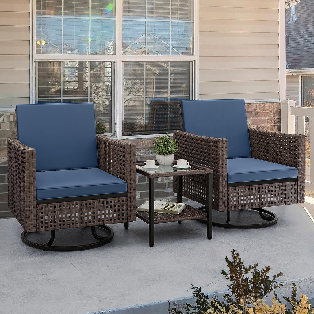 YITAHOME Outdoor Swivel Chair 3 Pieces, Wicker Patio Furniture, Porch Furniture, Swivel Wicker Patio Chairs with Rattan Side Table, Thickened Cushions for Porch, and Yard, Blue