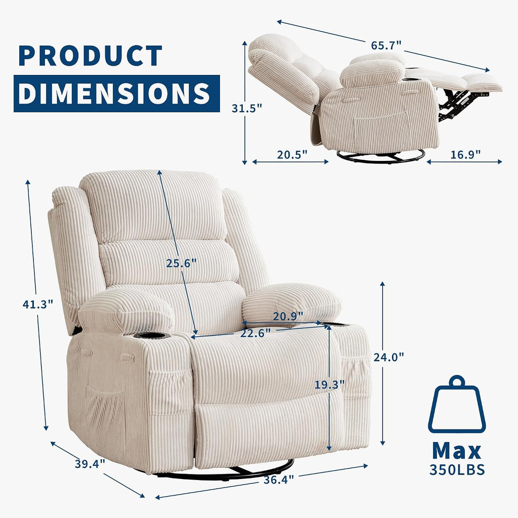 Rocking Recliner Chair for Adults Wide 360° Swivel Rocker Recliner with Cup Holder Nursery Glider with Upholstered Deep Seat Corduroy Lazy boy Chair for Living Room Beige