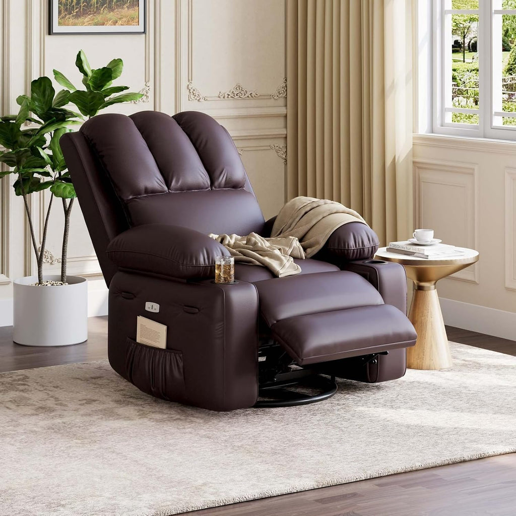 GarveeHome Oversized Power Recliner Chair with Heat and Massage - 360° Swivel Faux Leather Rocking Chair for Adults with Cup Holder for Living Rooms, Bedrooms, and Nurseries - Brown