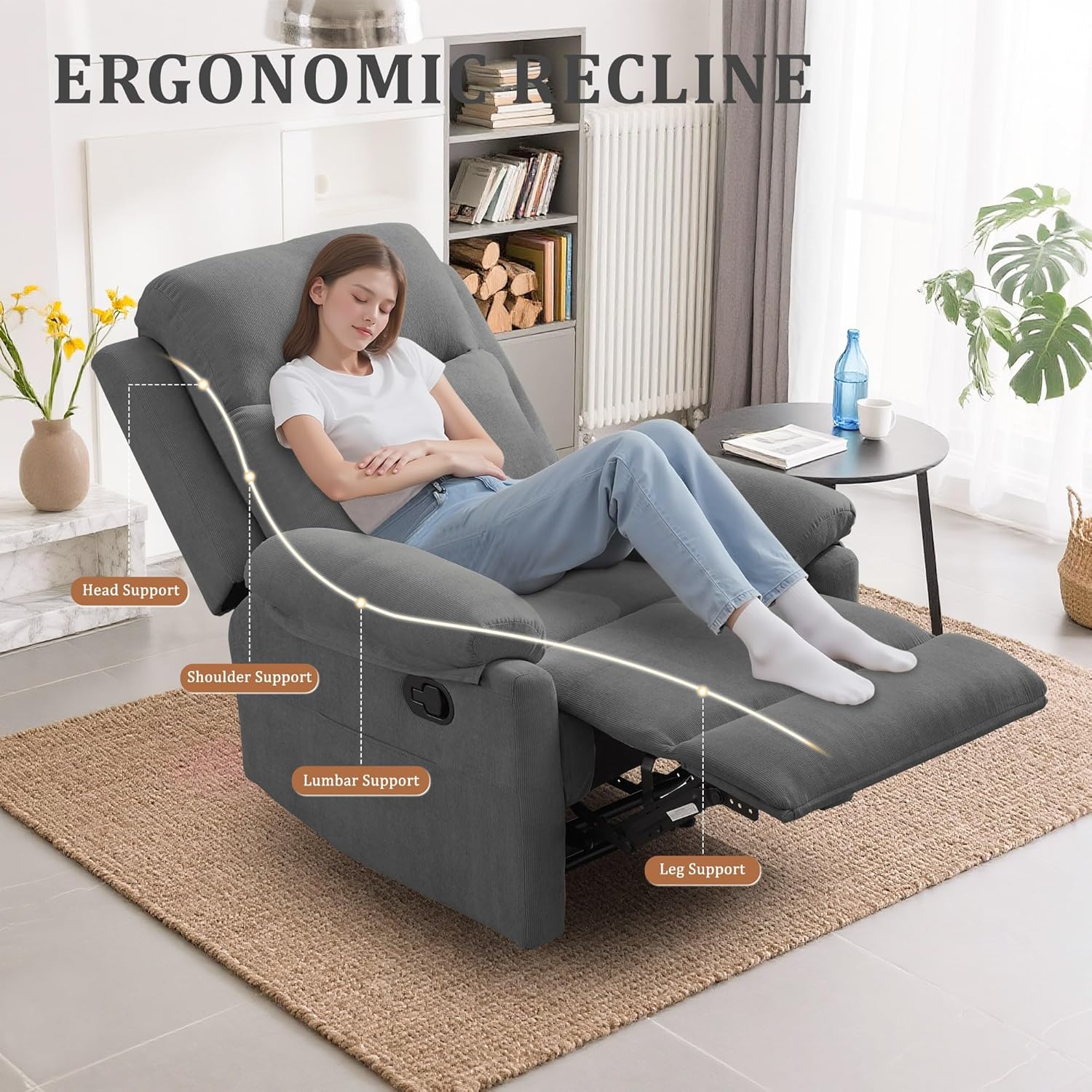 Korser Recliner Chair, Manual Recliner for Adults with Side Pocket, Small Recliners for Small Spaces, Adjustable Comfy Overstuffed Corduroy Reclining Chairs for Living Room, Reading, Bedroom, Grey