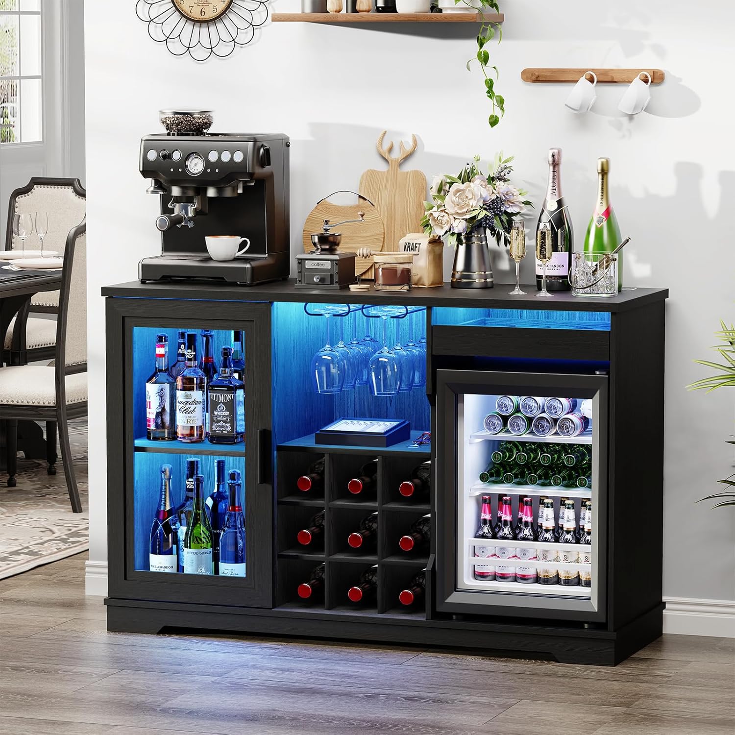 BROTTAR Coffee Bar Cabinet with Fridge (Fridge Included), Large Liquor Bar Cabinet with LED Lights, Glass Holder & Wine Rack, Wine Cabinet with Human Body Sensor, Buffet Sideboard for Home, Black