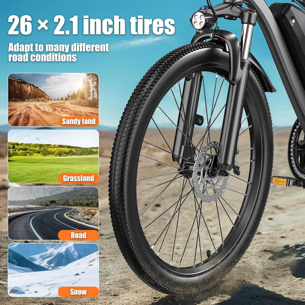 Electric Bike for Adults, 26' Commuter Ebikes with 7-Speed Gears, 25MPH Lightweight E Bike, 720W Peak Motor, 375Wh Removable Battery, 50 Miles Range, Electric Mountain Bicycles for All Terrain (Gray)