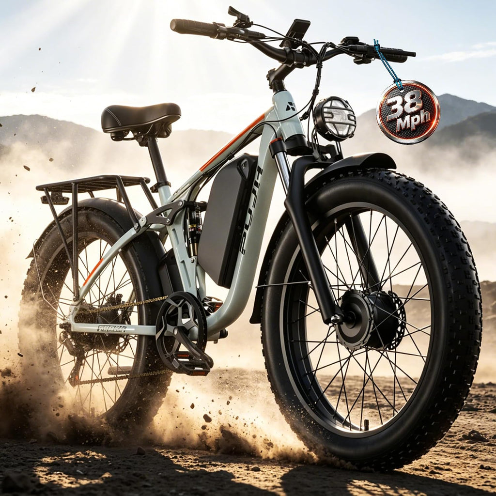 Electric Bike, 52V 25Ah 4000W Dual Motors, 24' Fat Tires Adult, 38mph Up to 110 Mile Range, Full Suspension, Hydraulic Brakes Class 3 Ebike, for Off-Road Mountain Riding Adventures