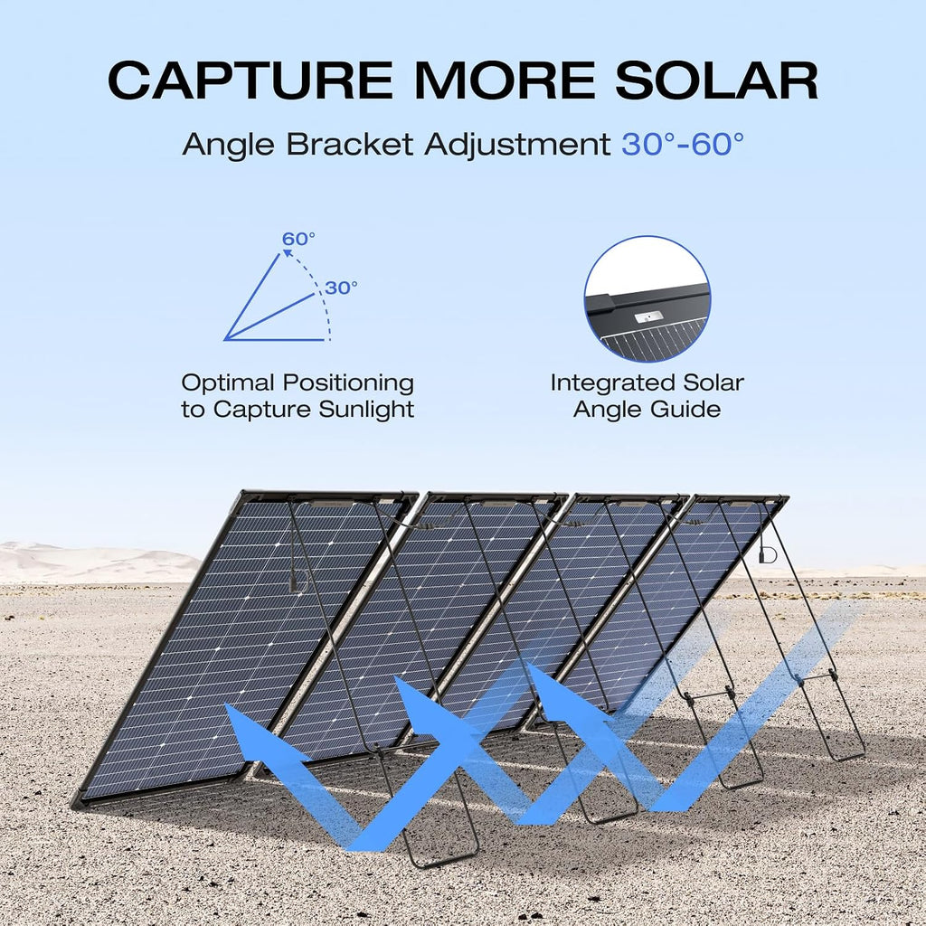EF ECOFLOW 4PCS 125W Solar Panels, 500W Bifacial Rigid Modular Solar Panel Up to 25% Efficiency with IP68 Waterproof Rate, Adjustable Support and Solar Angle Guide for Camping, RVs & Home