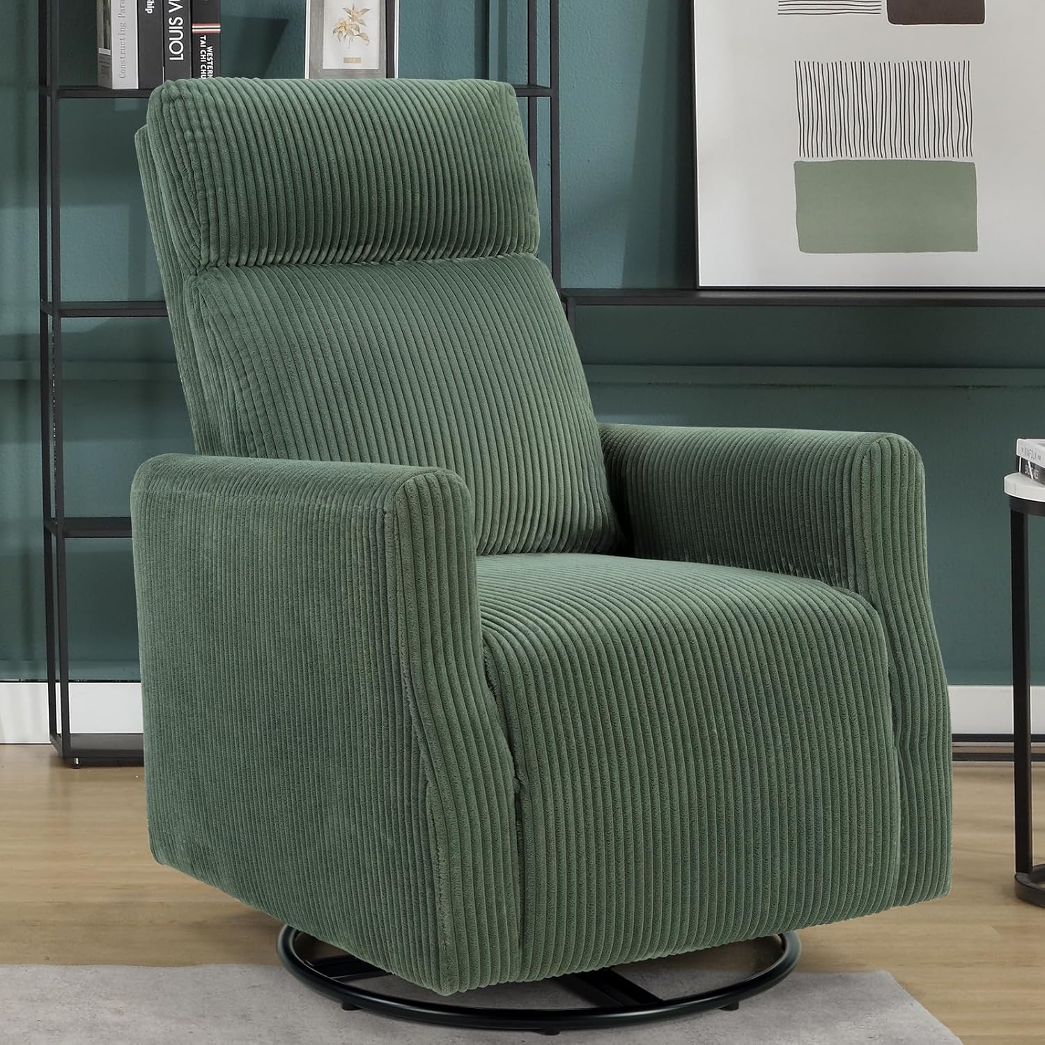 CANMOV Swivel Rocker Chair for Nursery, Swivel Accent Chair with High Back and Arms, Corduroy Glider Chair for Living Room Bedroom Nursery, Green