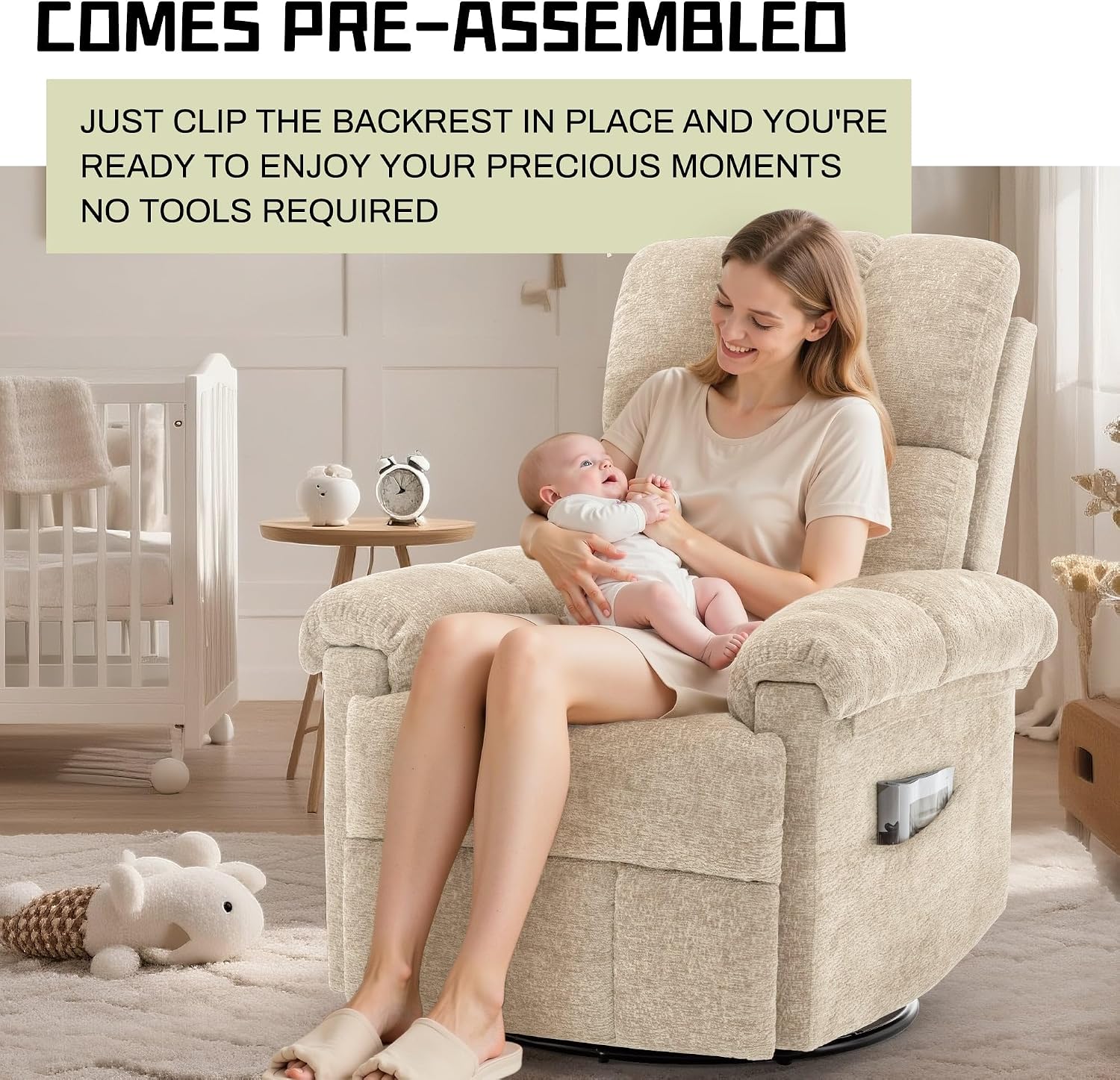 Korser Recliner Chair, Small Rocker Recliner Chair for Adults, Swivel Recliners for Small Spaces, Manual Recliner, Upholstered Nursery Rocking Chair for Living Room, Chenille, Khaki