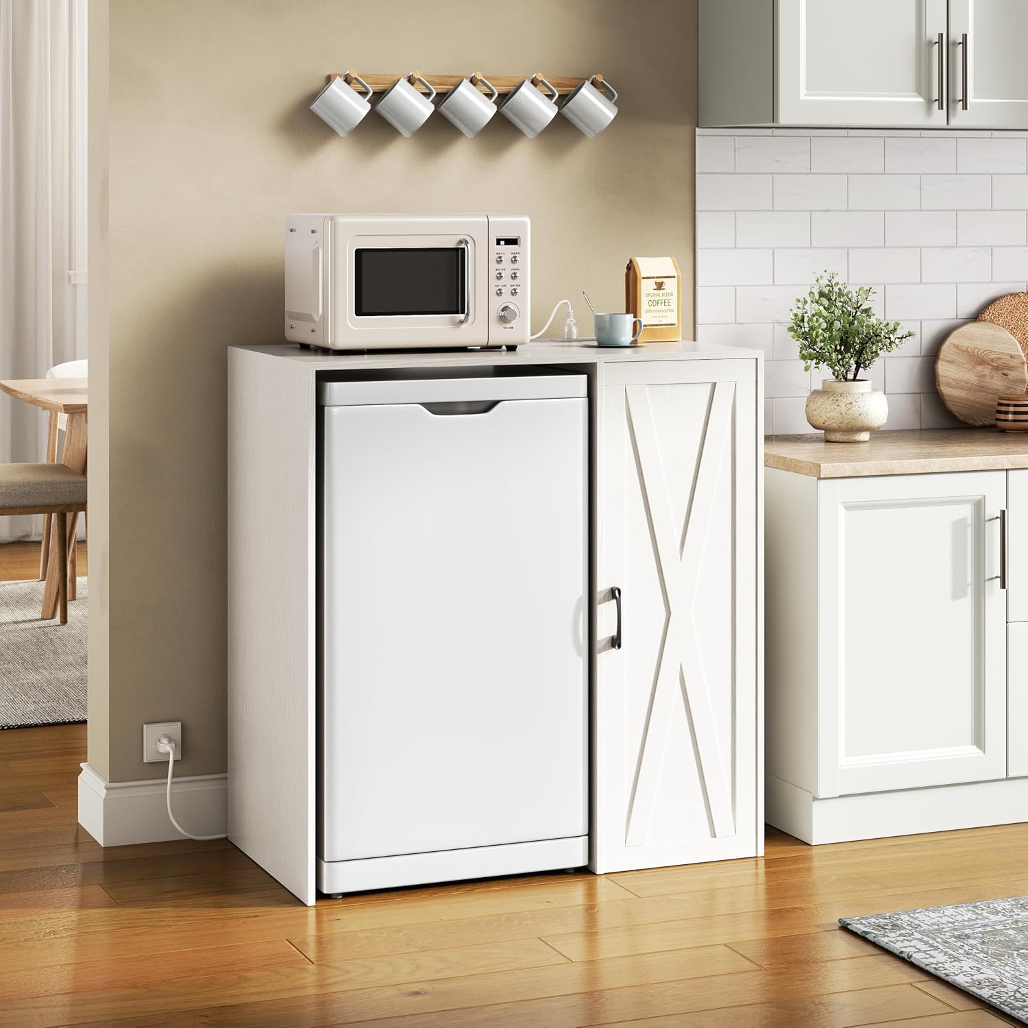 Herture Mini Fridge Cabinet with Storage, Coffee Bar Cabinet with Power Outlet, Fits 24' Wine Fridge, 3-Tier Organizer, Refrigerator Stand for Kitchen, Apartment, or Home Bar White KH01MRW