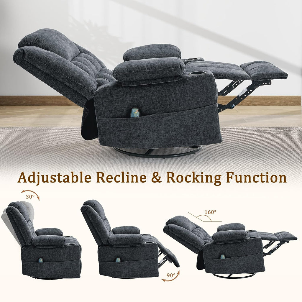 Korser 360° Swivel Rocker Recliner for Adults, Nursery Glider Recliner with Massage and Heating, Rocking Chair with Cup Holder, Manual Recliner Chair for Living Room, Bedroom (Fabric, Dark Gray)