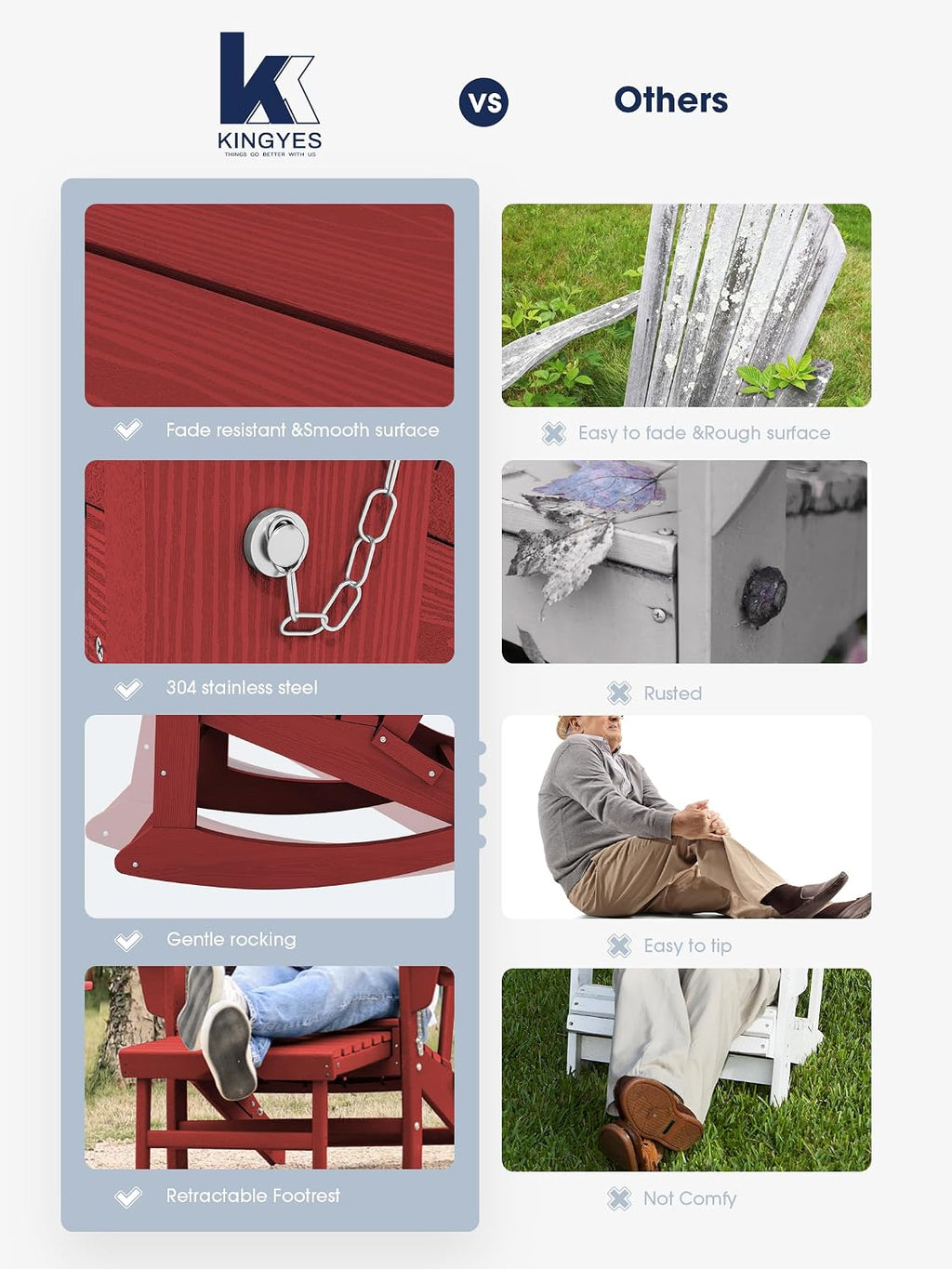 KINGYES Adirondack Rocking Chair Set of 2 with Retractable Ottoman and Cup Holders, HDPE Adirondack Rocker Patio Rocking Chair for Porch, Patio, Balcony, Burgundy Red