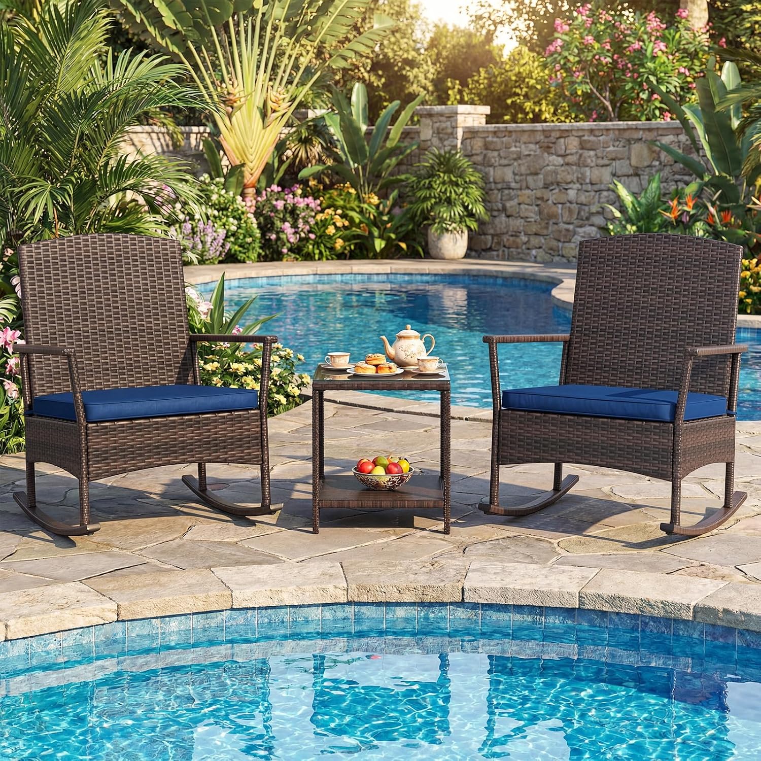 Tangkula 3 Pieces Rocking Wicker Bistro Set, Outdoor Front Porch Rocker Chairs Conversation Set with 2-Tier Tempered Glass Coffee Table and Thick Cushions for Garden, Balcony, Poolside (Navy)