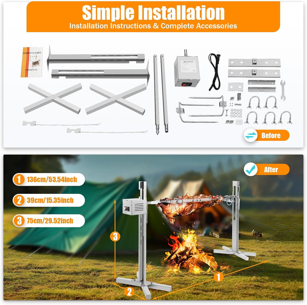 53in Outdoor Electric Rotisserie Grill Kit,Rotatable Motor BBQ Rotisserie Kit,Cooker Grill Camping Spit Grill Roaster for Pig Rotisserie Hog Lamb,Height Adjustable