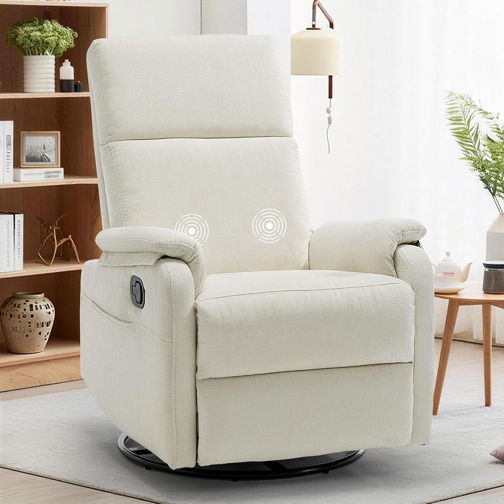 Korser Swivel Rocking Recliner with Massage, Small Glider Chair for Nursery, Modern-Designed Armrests Chair for Adults Living Room, Chenille, Beige