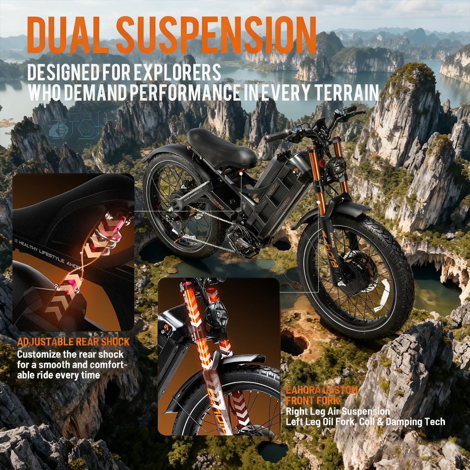eAhora Romeo Pro 3 Electric Bike - [2026 Latest] 50MPH 5600W Dual Motor 60V 80AH 250Miles Long Range Ebike for Adults, 26' * 4.0 Fat Tire Fast Electric Mountain Bike Full Suspension Off-Road E-Bike