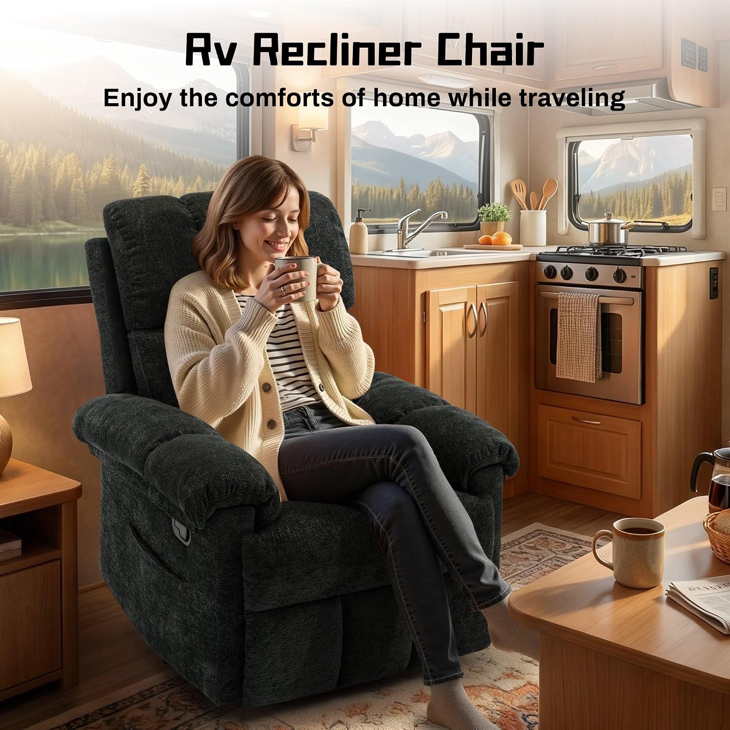 Korser Recliner Chair, Swivel Rocker Recliner Chair for Adults, Small Recliners for Small Spaces, Upholstered Manual Recliner with Side Pockets, Nursery Rocking Chair for Living Room, Chenille, Black