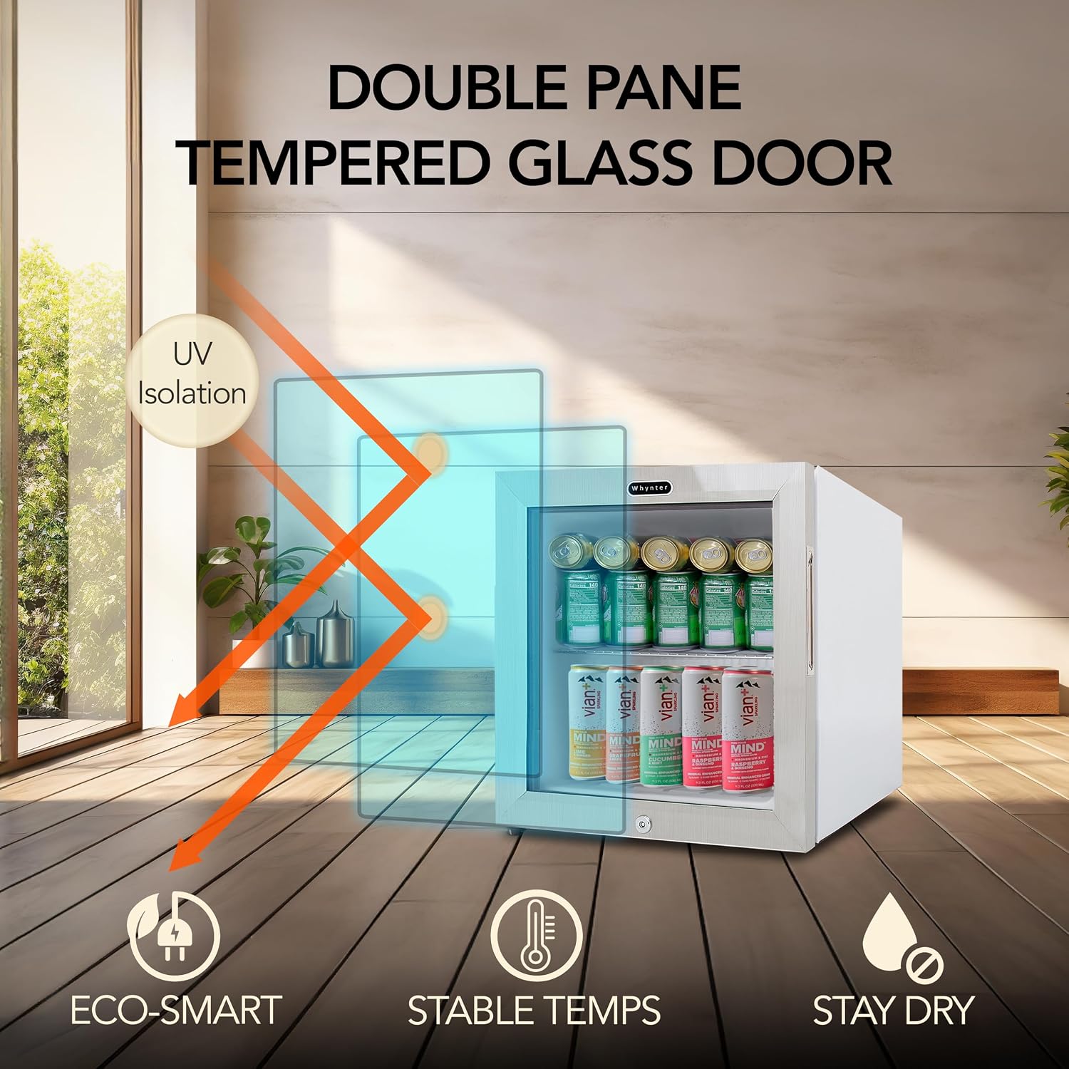 Whynter Beverage Refrigerator with Double-Layer Glass Door, 68-Can 1.6 Cu Ft Freestanding Drink Mini Fridge, BR-062WS, Stainless Steel