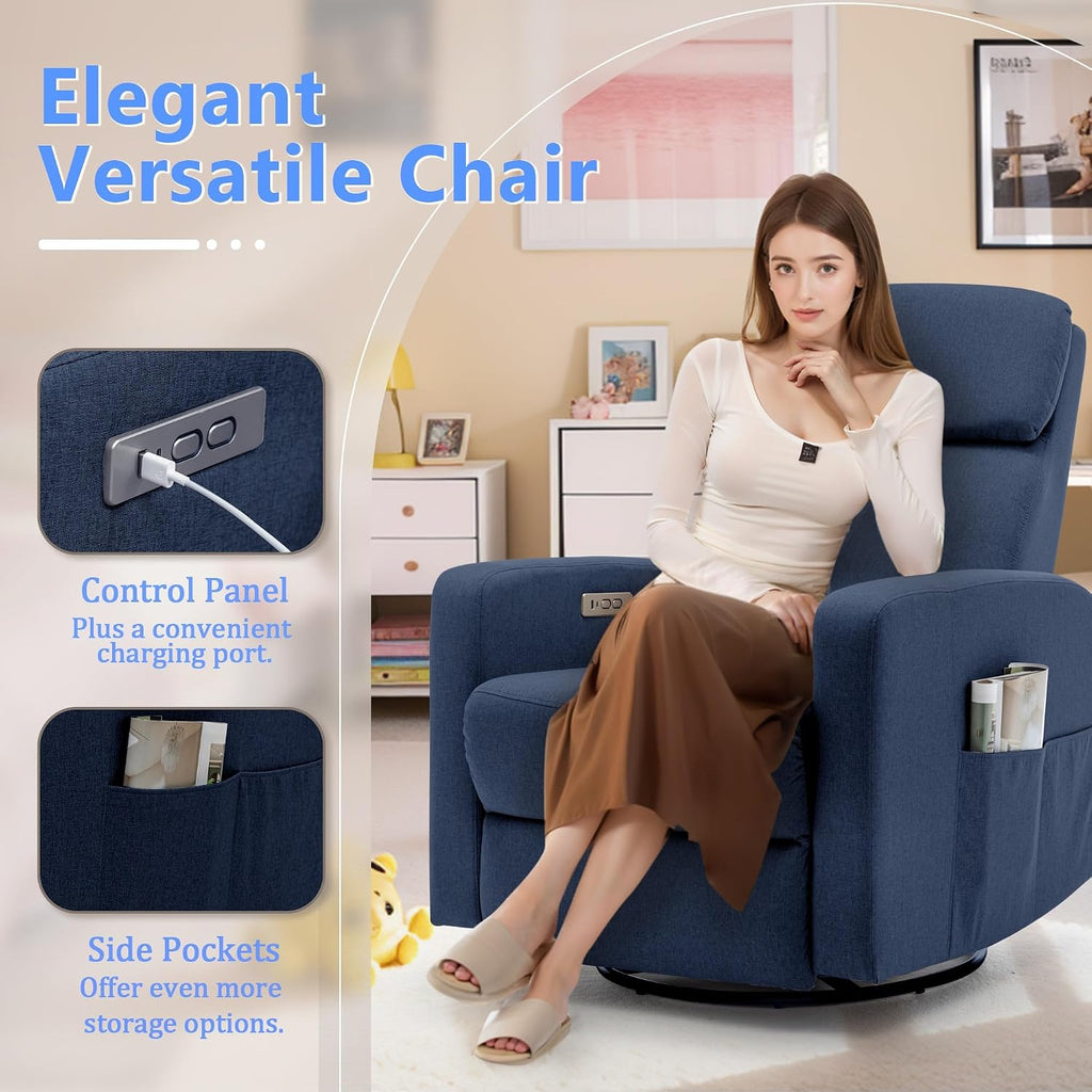 Korser Power Swivel Recliner Chairs for Adults, Electric Glider Rocking Chair Nursery, Glider Recliner Nursery Chair with Classified Side Pocket, Nursery Rocking Chairs with USB and Type-C Ports