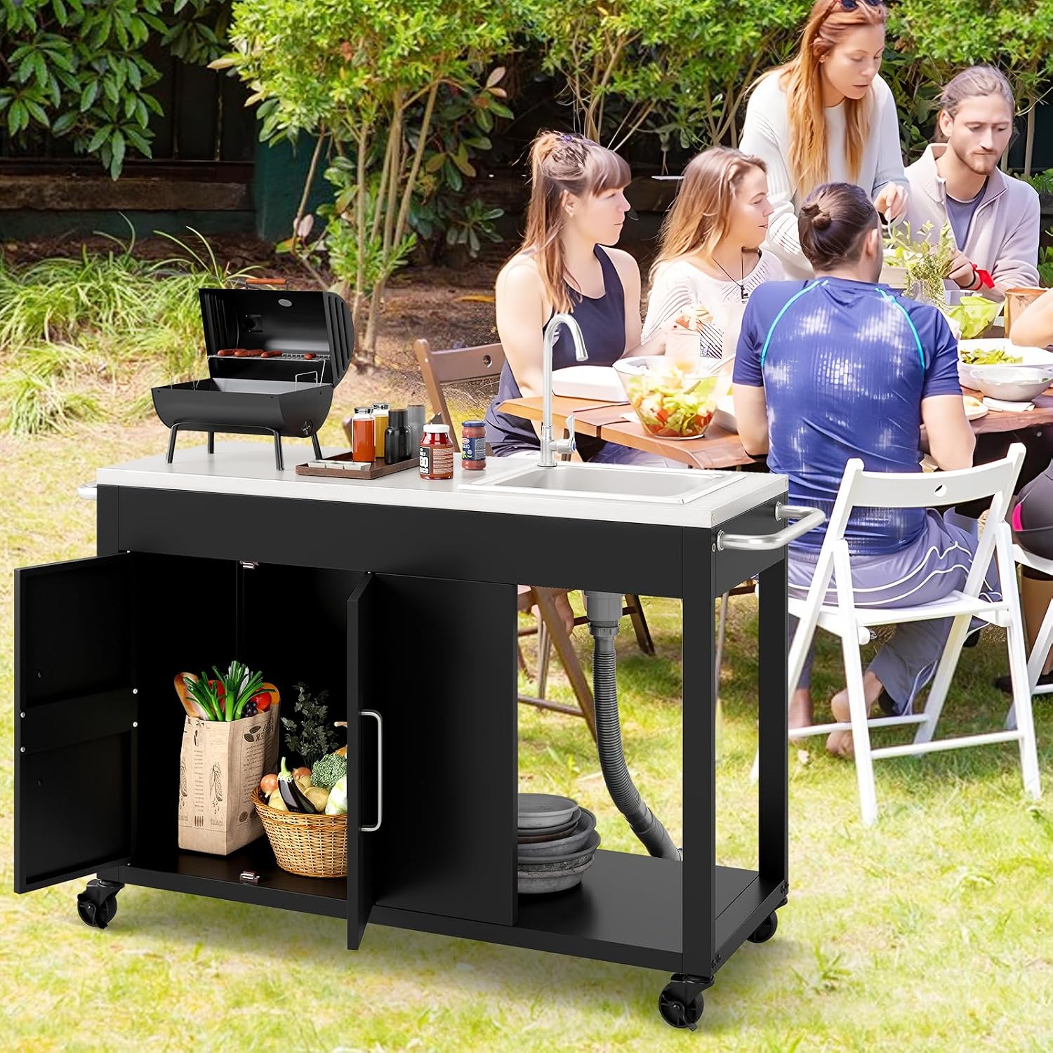 Happygrill 56' Outdoor Grill Table with Sink & Drainage, Heavy Duty Metal Grill Cart with Stainless Steel Top & Storage Cabinet, Outdoor Prep Table with Handles & Wheels for Patio, Garden & Backyard