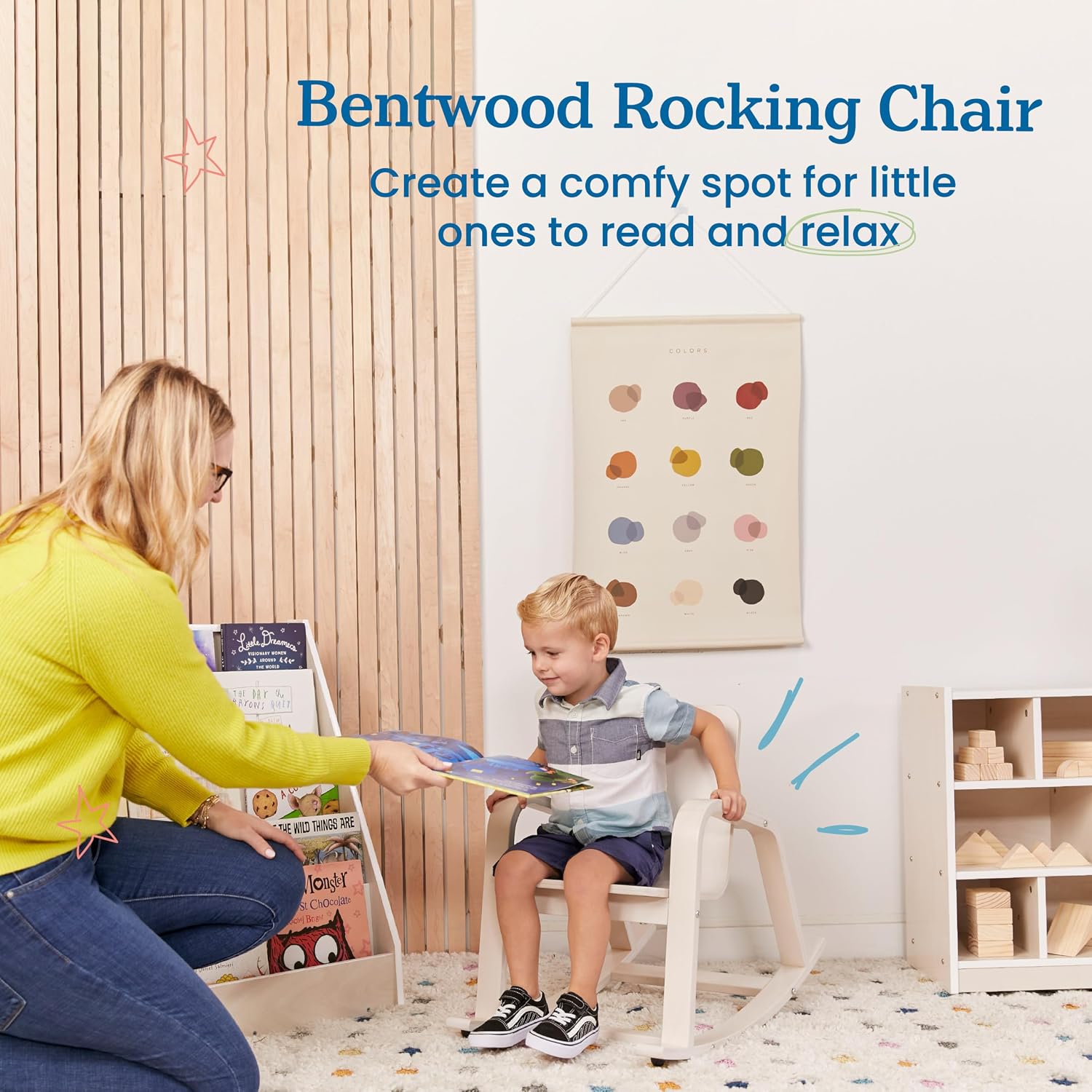 ECR4Kids Bentwood Reading Rocking Chair with Armrests, Montessori Furniture, White Wash