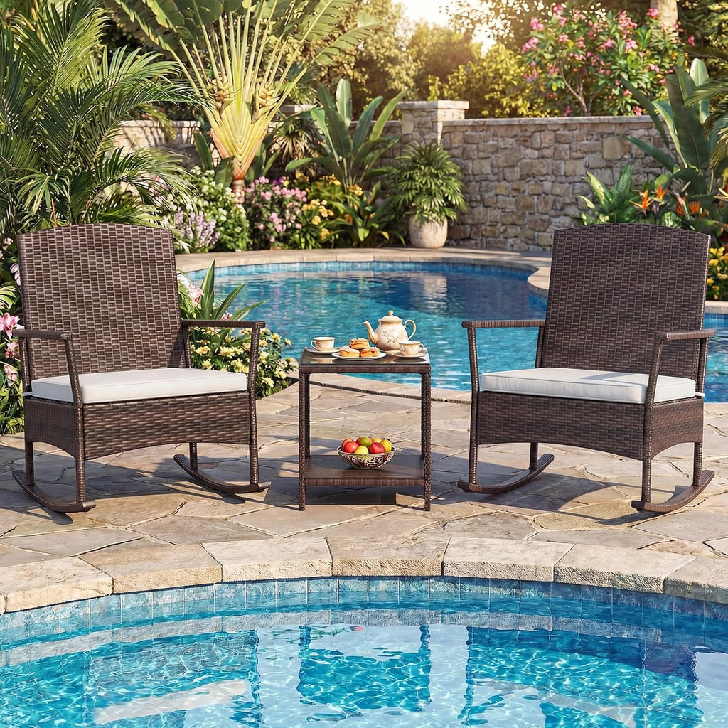 Tangkula 3 Pieces Rocking Wicker Bistro Set, Outdoor Front Porch Rocker Chairs Conversation Set with 2-Tier Tempered Glass Coffee Table and Thick Cushions for Garden, Balcony, Poolside (Off White)