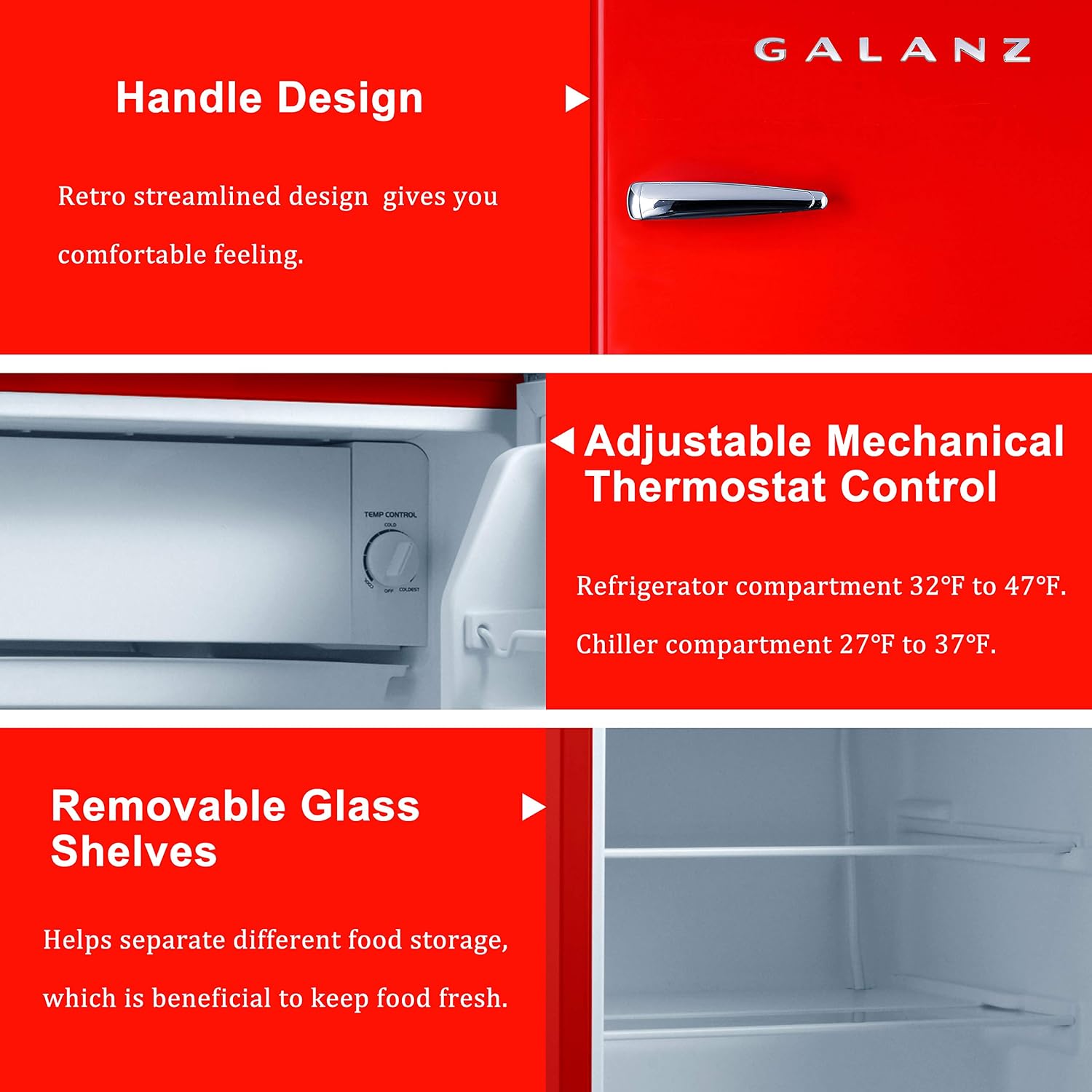 Galanz GLR25MRDR10 Retro Compact Refrigerator, Mini Fridge with Single Doors, Adjustable Mechanical Thermostat with Chiller, Red, 2.5 Cu Ft
