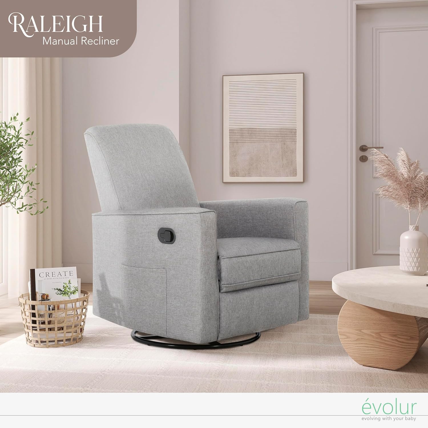 Evolur Raleigh Upholstered Manual Glider Recliner– Rocking & 360° Swivel with Smooth Glide – Greenguard Gold & FSC Certified – Modern Nursery and Living Room Chair in Light Grey