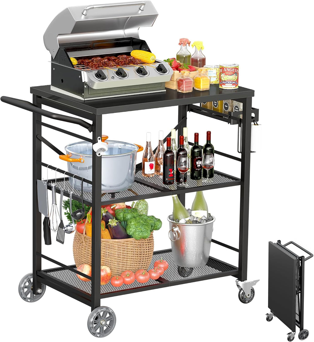 Ciokea Folding Outdoor Grill Cart with Wheels, Foldable Outdoor Grill Table with 27'x18' INCH Top, 3-Shelf Prep Table, Pizza Oven Stand, Metal Portable Kitchen Cart for BBQ Patio Camping (All Black)