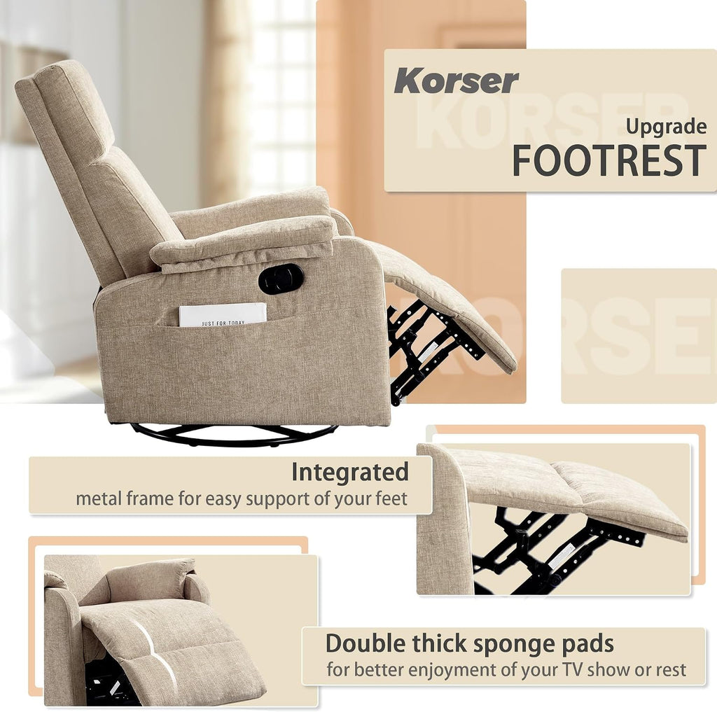 Korser Recliner Chair, Swivel Rocking Recliner Chair for Adults, Glider Rocking Chair, Small Nursery Chair Recliner for Living Room, Reclining Chair with Modern-Designed Armrests, Chenille, Khaki