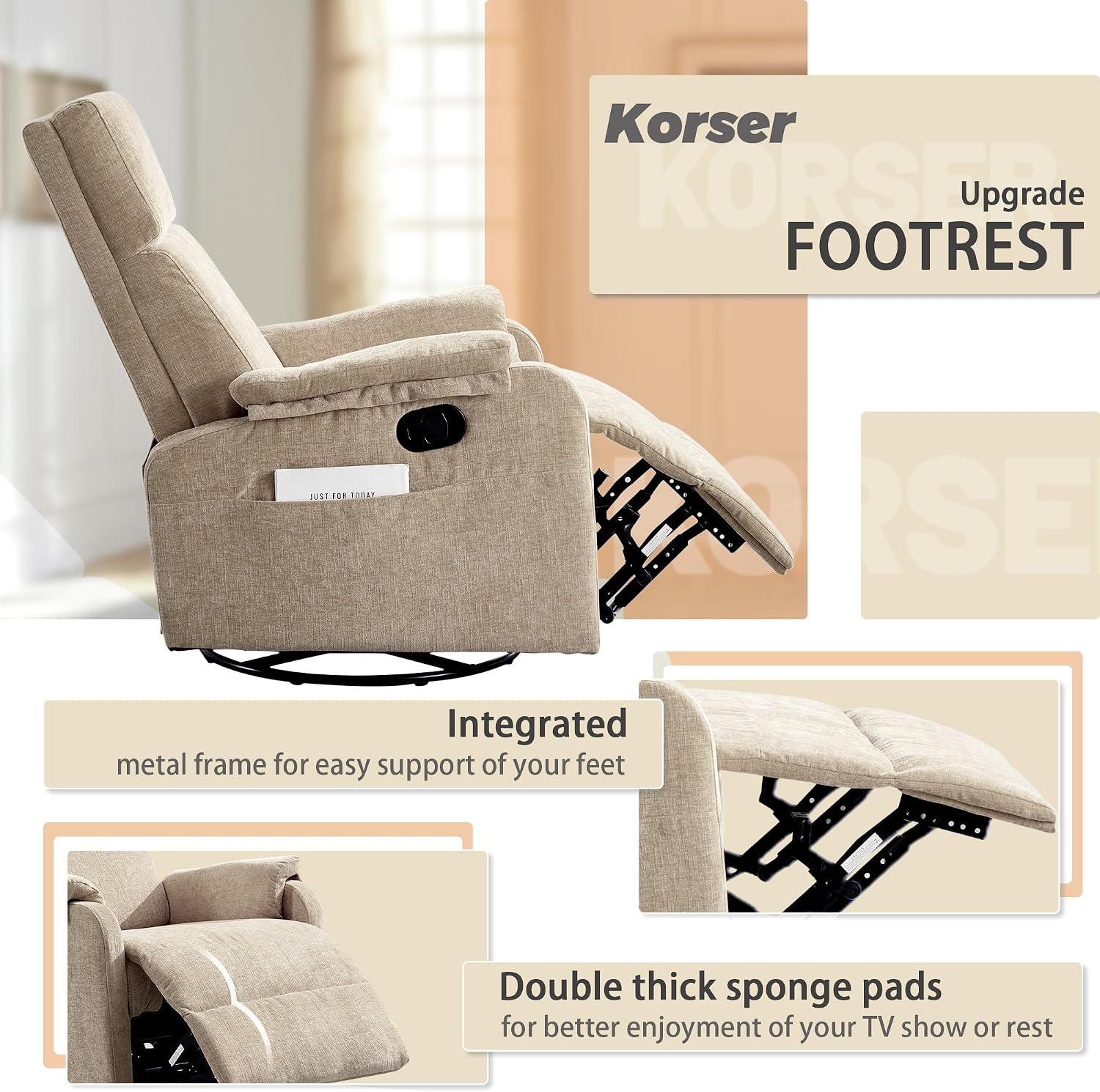 Korser Recliner Chair, Swivel Rocking Recliner Chair for Adults, Glider Rocking Chair, Small Nursery Chair Recliner for Living Room, Reclining Chair with Modern-Designed Armrests, Chenille, Khaki