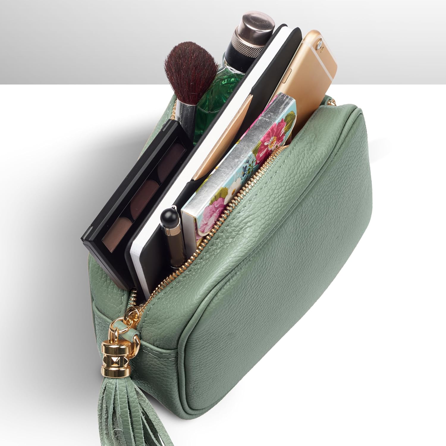 Italian Calf Leather Crossbody Bag for Women with Tassel Zipper | Small Camera Purse Shoulder Handbag Pocketbook