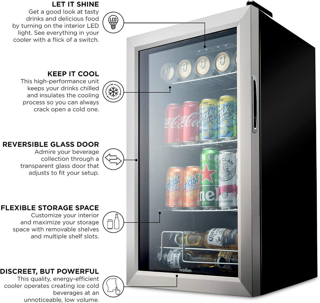 Ivation 101 Can Beverage Refrigerator | Freestanding Ultra Cool Mini Drink Fridge | Beer, Cocktails, Soda, Juice Cooler for Home & Office | Reversible Glass Door & Adjustable Shelving, Stainless Steel
