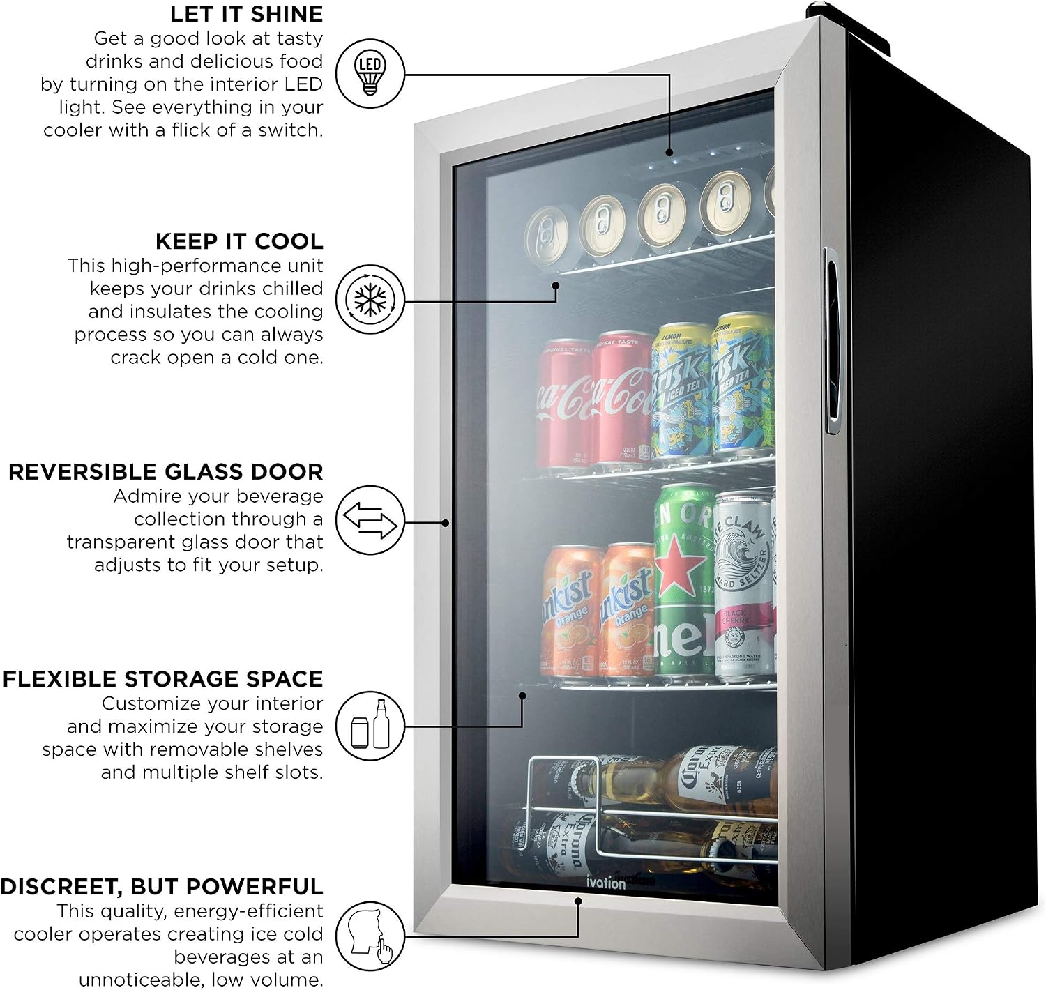 Ivation 101 Can Beverage Refrigerator | Freestanding Ultra Cool Mini Drink Fridge | Beer, Cocktails, Soda, Juice Cooler for Home & Office | Reversible Glass Door & Adjustable Shelving, Stainless Steel