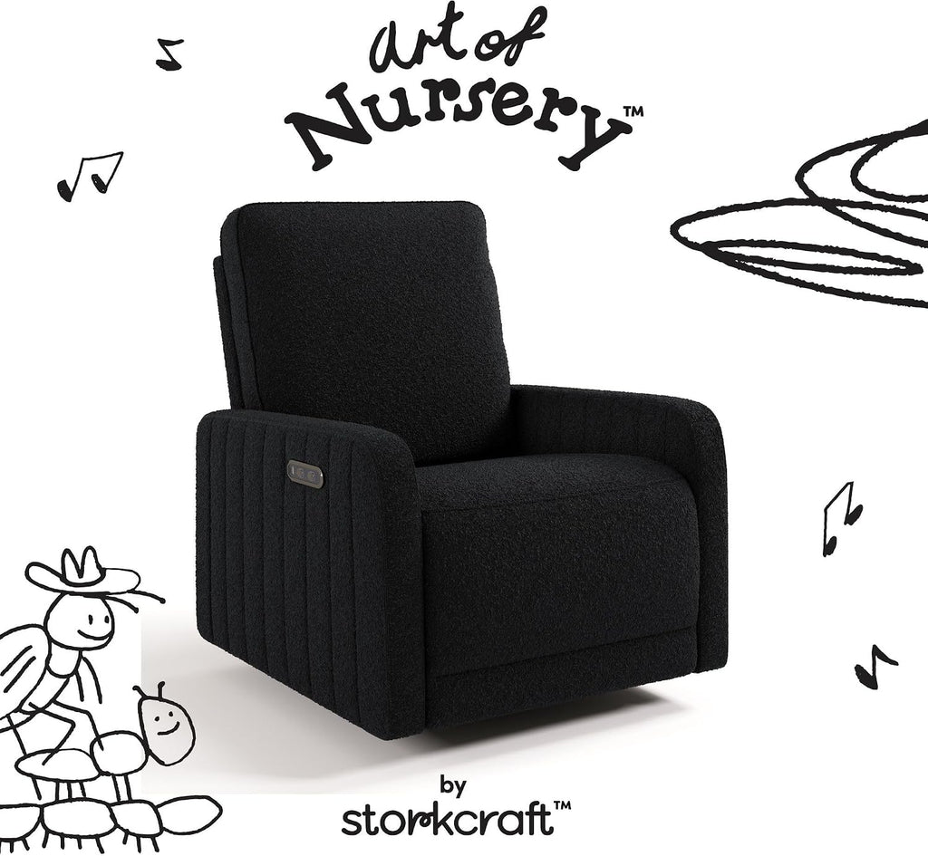 Storkcraft Kyoto Deluxe Extra-Wide Power Recliner Swivel Glider – Premium Electronic Nursery Wide Glider Rocking Chair, Oeko-TEX 100 Certified, Includes Dual-USB Charging Port (Black Boucle)