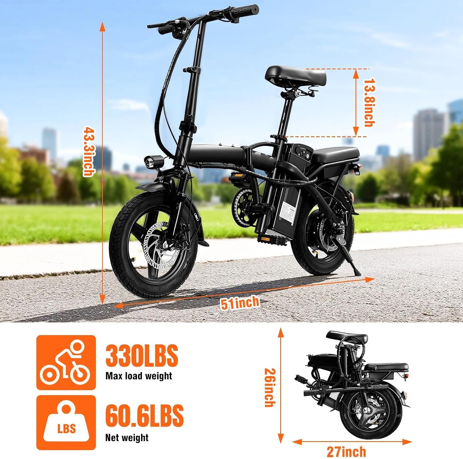 Foldable Electric Bike for Adults，23MPH & 38Miles Long Range Electric Bicycles，500W Motor 48V/12Ah Battery，14' Folding Mini ebikes for Teens，3-Speed & PAS Mode， Commuter City Certified E-Bike