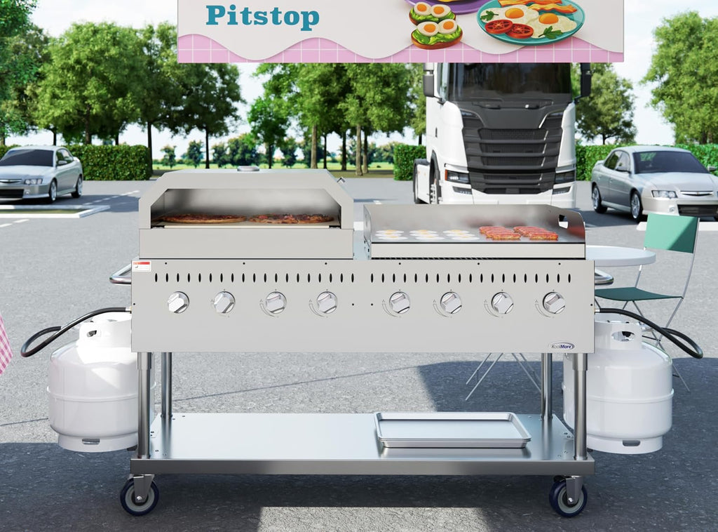 KoolMore 60 in. 8-Burner Commercial Outdoor Propane Gas BBQ Grill with 30 in. Griddle and 30 in. Pizza Oven in Stainless-Steel, ETL Listed (CGKIT6-G30P30)