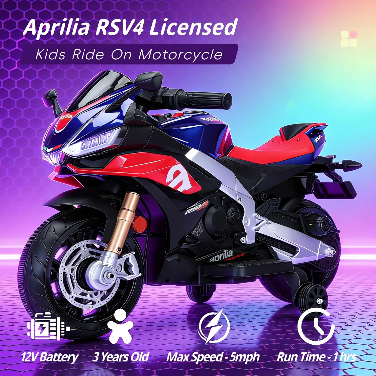 HEIMILI 12V Kids Motorcycle, Aprilia RSV4 Licensed Electric Ride on for 3 Years, 40' Small Motorbike with Training Wheels, Bluetooth, Speed 3mph (Blue, 12V(40 * 23 * 17))