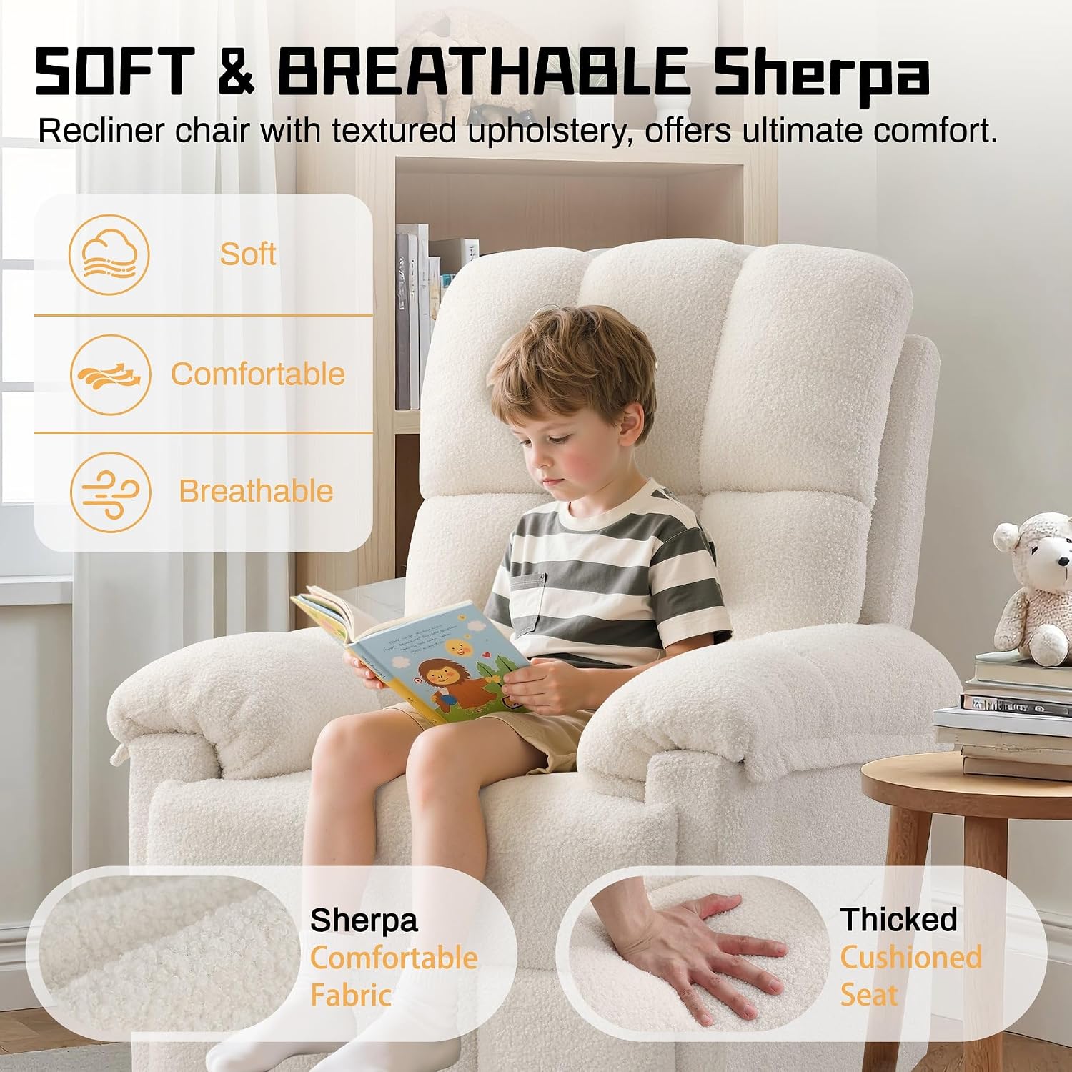 Korser Recliner Chair, Swivel Rocker Recliner Chair for Adults, Small Recliners for Small Spaces, Manual Recliner with Side Pockets, Upholstered Nursery Rocking Chair for Living Room, Sherpa, Beige