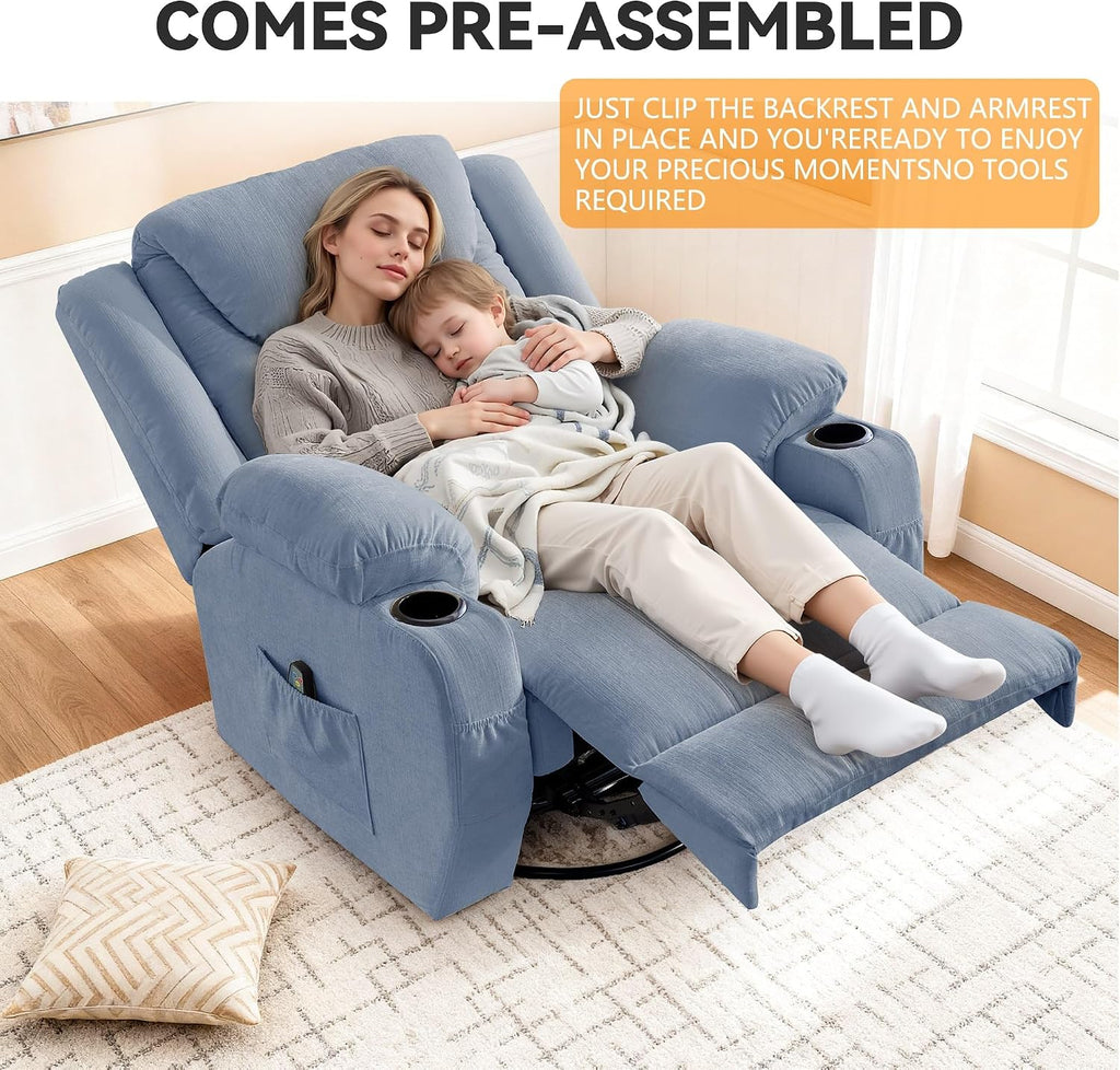 Korser Oversized Recliner Chair, 360° Swivel Recliner for Adults, Swivel Rocker Recliner Chair with Heat and Massage, Manual Recliner with Remote Control and Cup Holders for Living Room, Chenille