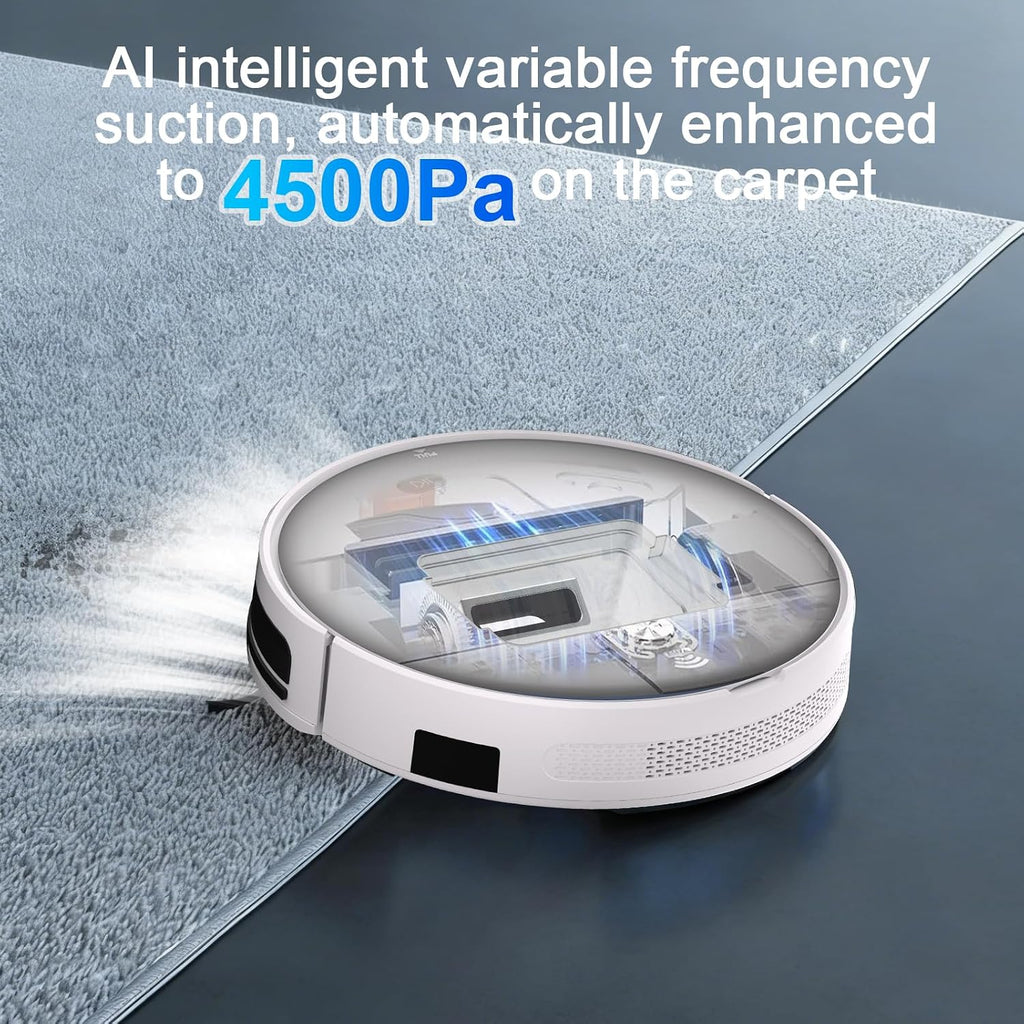 Robot Vacuum and Mop Combo,4500Pa Strong Suction,Anti-Tangle Brushless Inlet 2 in 1 Super Thin Robotic Vacuum with App/Remote/Voice Control, Self-Charging,for Pet Hair, Hard Floor, Low-Pile Carpet-W