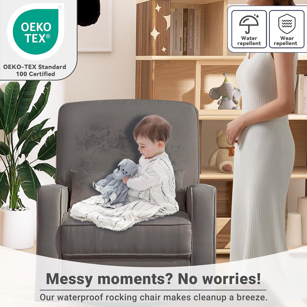 Tbfit Nursery Rocking Chair,360°Swivel Recliner Chair with Lumbar Support for Bedroom, Comfy Upholstered Armchair with Pillows & Footrest for Living Room & Baby Room